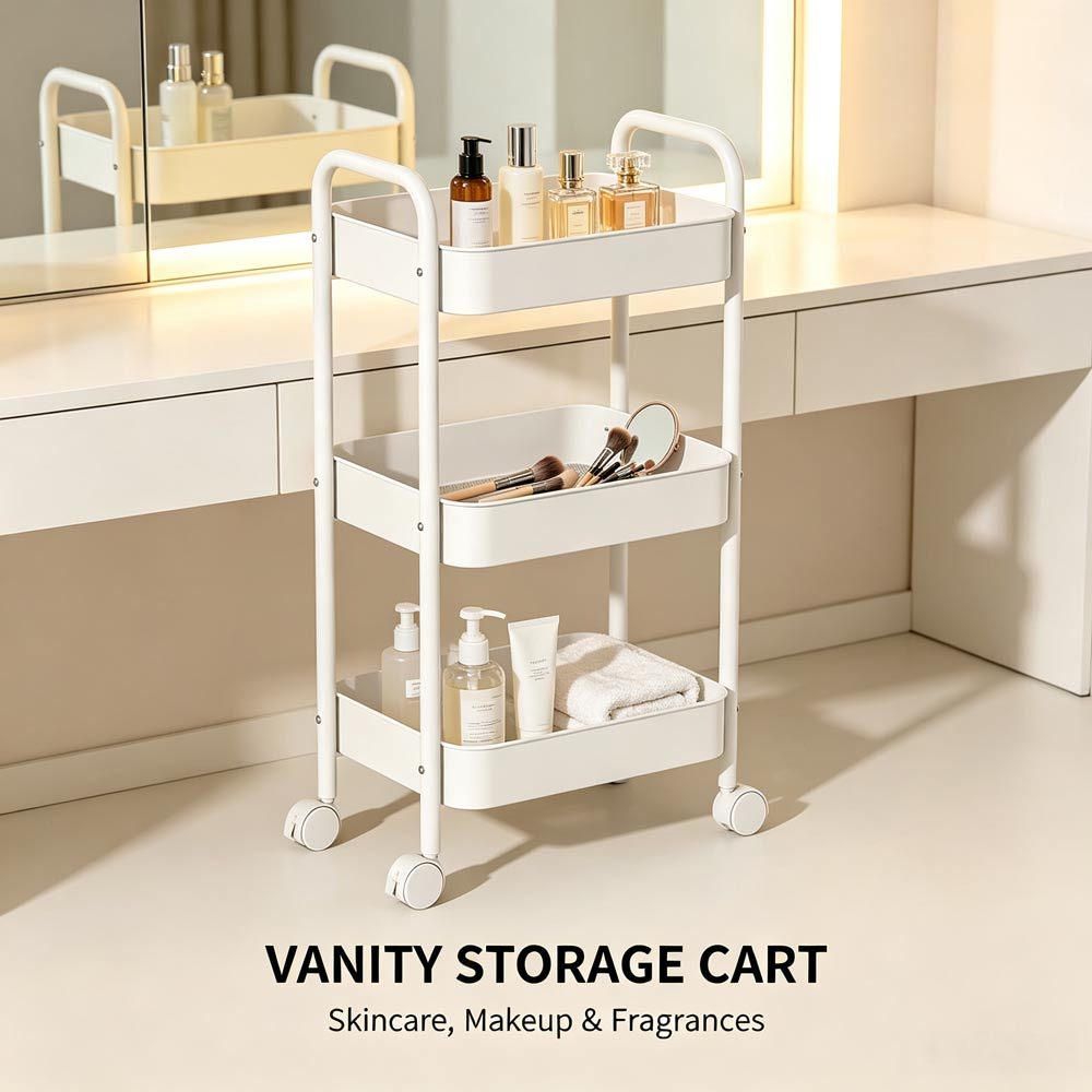 TEMU Chariot de Rangement Roulant à 3 Niveaux avec Poignée et Roulettes Verrouillables, Organisateur Mobile en Métal pour Salle de Bain Cuisine