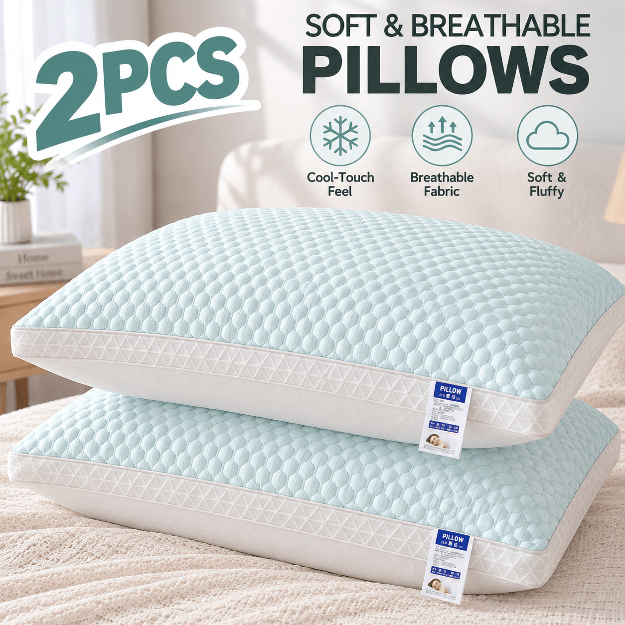 TEMU Lot de 2 oreillers de lit, oreillers doux pour dormir, rembourrage 100 % polyester, tissu texturé respirant, oreillers confortables toutes