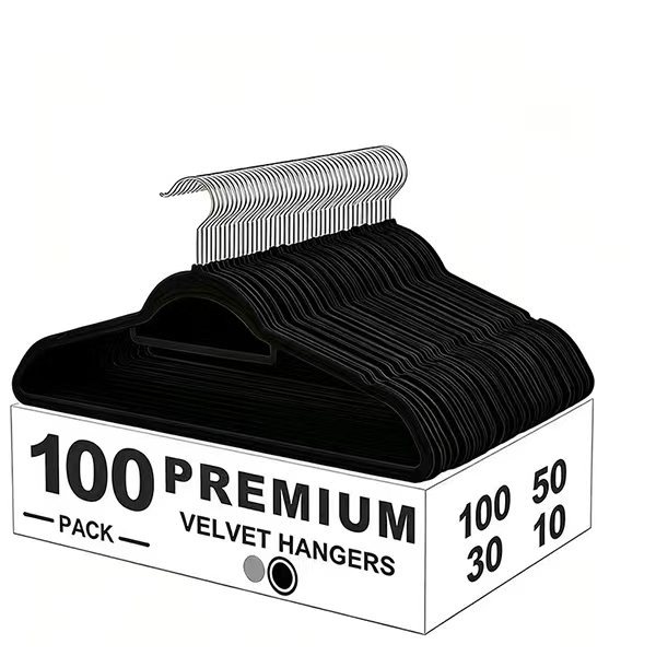 TEMU Lot de 100/50/30/10 cintres premium floqués pour vêtements, noirs/gris, antidérapants avec antidérapante, crochet rotatif à 360°, adaptés à de ,