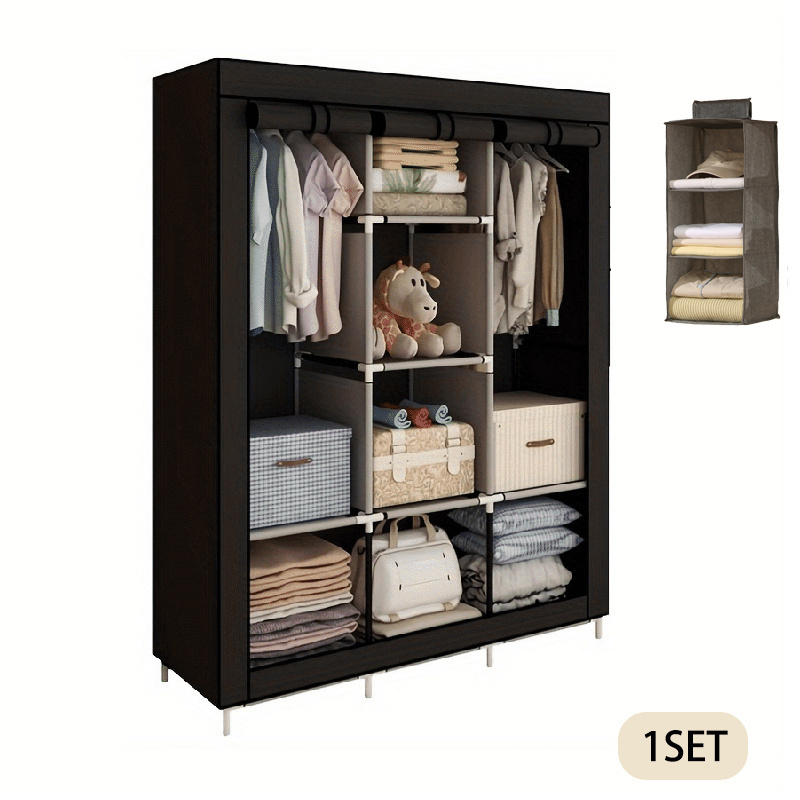 TEMU de rangement portable pour vêtements, couverture en tissu non tissé avec 6 étagères de rangement, 2 sections de suspension et 4 poches latérales