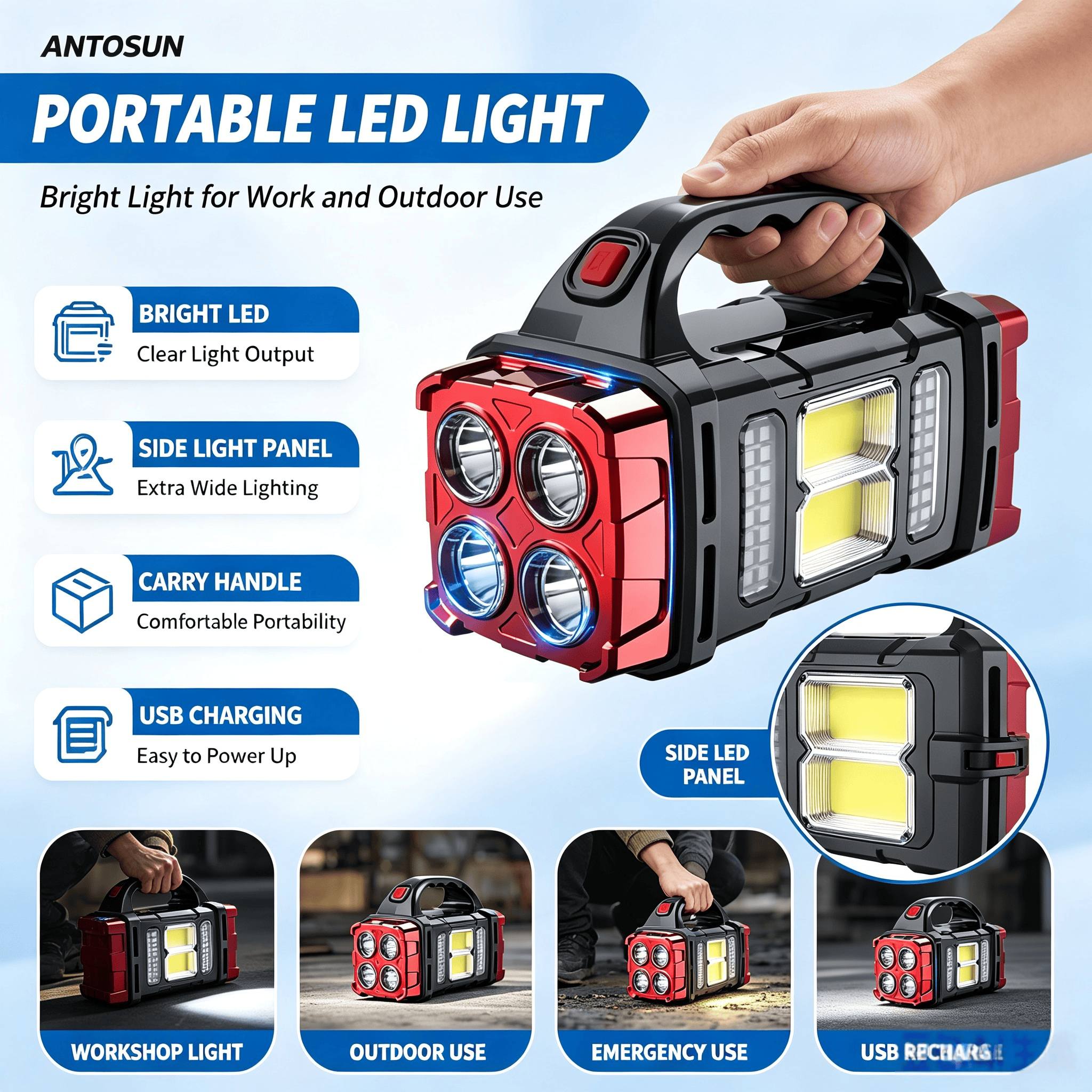 TEMU ANTOSUN Lampe LED Portative Robuste à Main, Lampe de Travail Rechargeable pour Chantier, Lanterne à Flot Lumineux, Éclairage de Travail d' pour