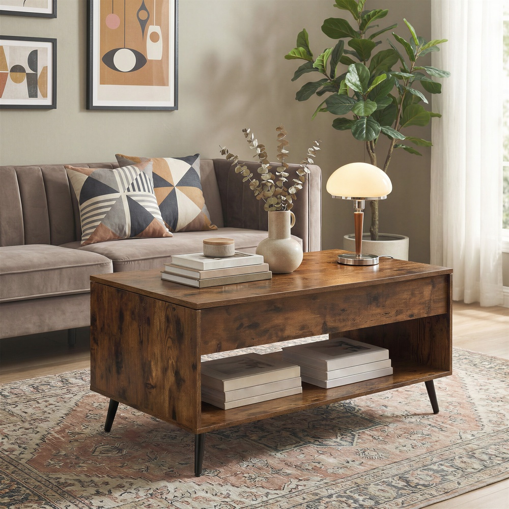 TEMU Table Basse à Tiroir Raisonnante avec Rangement et Étagère Ouverte, Style Mid-Century Modern, 39.4 x 19.7 x 17.7-23 Pouces, Marron Rustique et