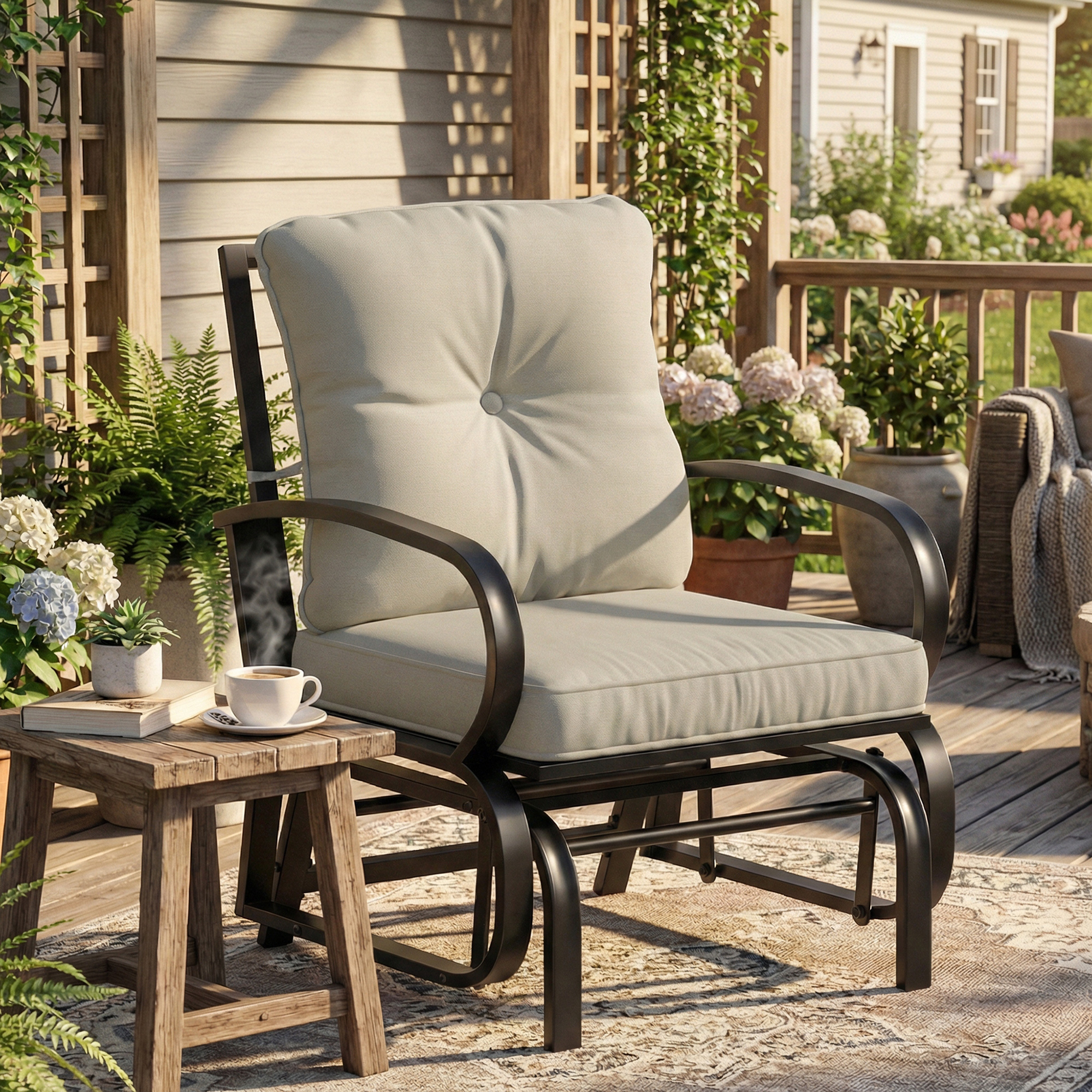 TEMU Fauteuil à de patio, chaise à d'extérieur avec coussins, cadre en acier, accoudoirs incurvés, fauteuil à simple pour cour, porche, jardin, bord