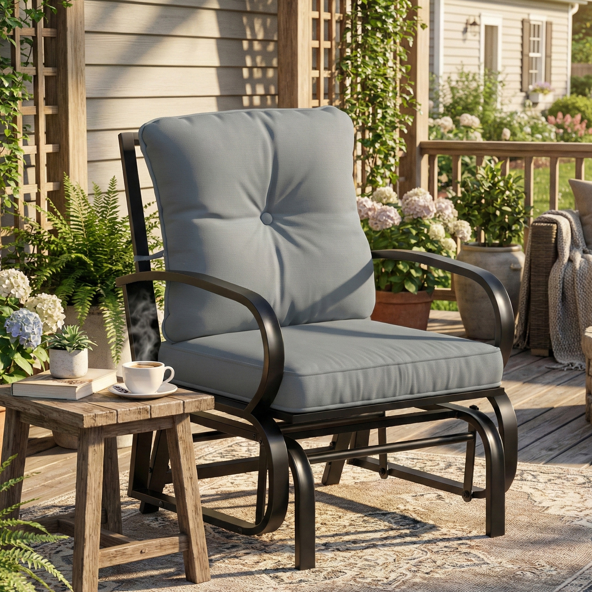 TEMU Balancelle de patio , Chaise balancelle d'extérieur avec coussins, Cadre en acier, Accoudoirs incurvés, Chaise coulissante individuelle pour