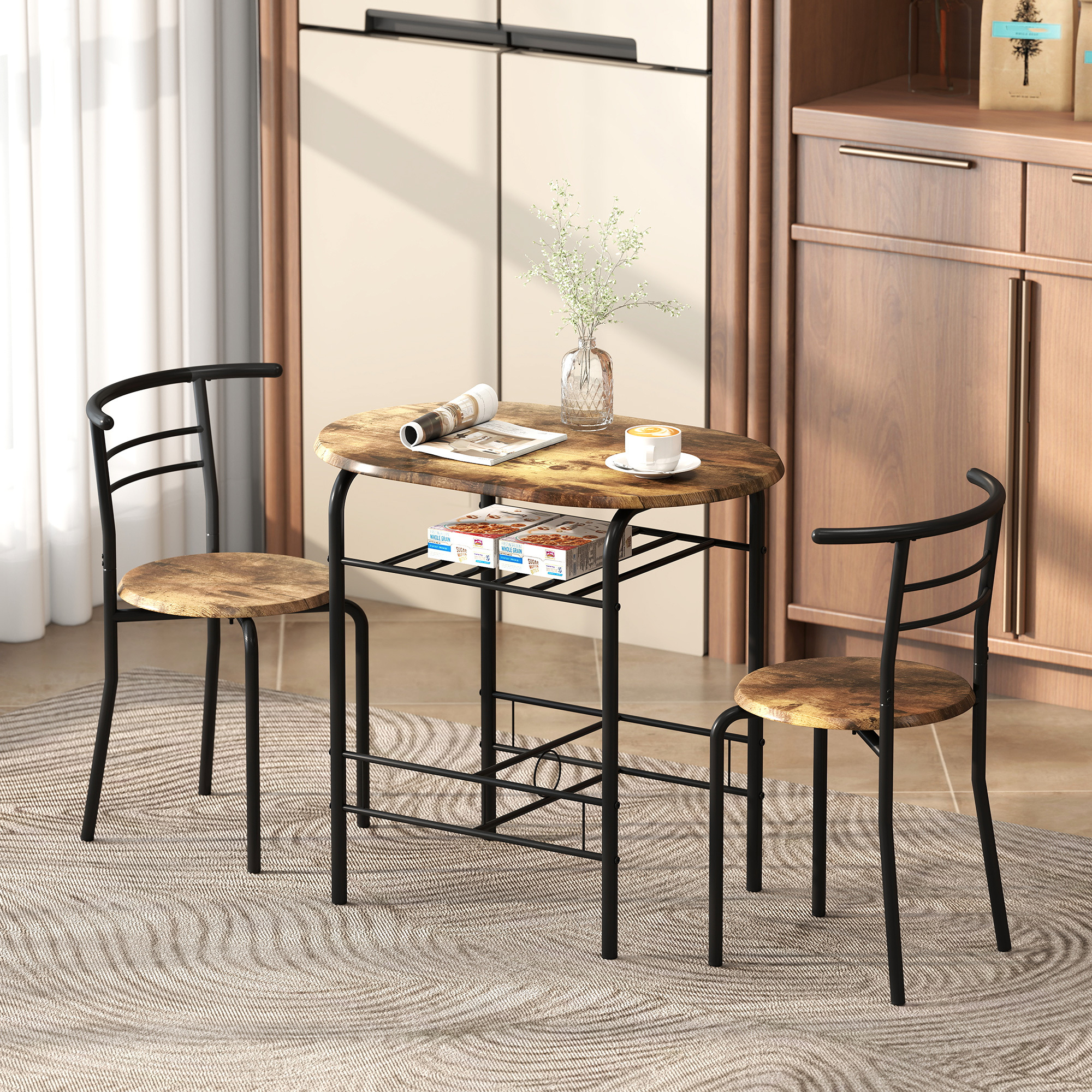 TEMU Ensemble de table à manger 3 pièces, table de cuisine de 31,5" et ensemble de chaises pour 2 avec étagère de rangement, pour petit espace, salle