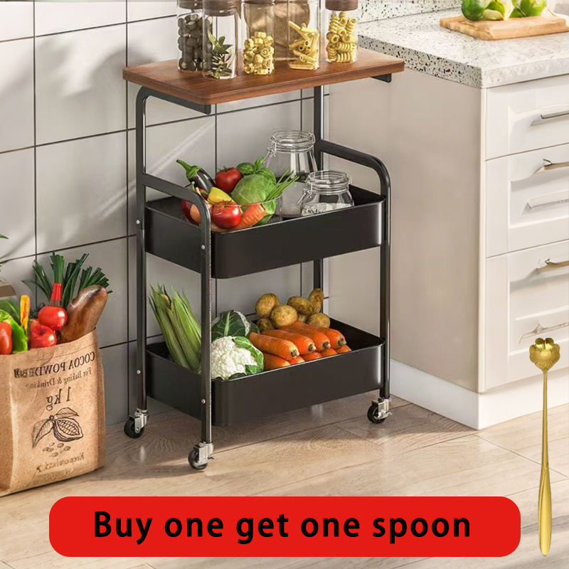 TEMU Chariot de Rangement Roulant Polyvalent à 3 Niveaux avec Roulettes - Design Slim, Plateau en Bois & Paniers en pour Cuisine, Bureau, Salle de