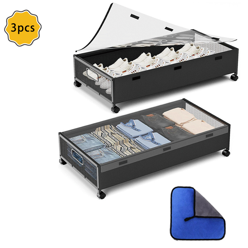 TEMU [3pcs Set]2 Storage Boxes &1 Rag,underbed Storage Container With Wheels, Shoe Storage Bag With Detachable Lid, Large Rolling Bed Storage Vanity