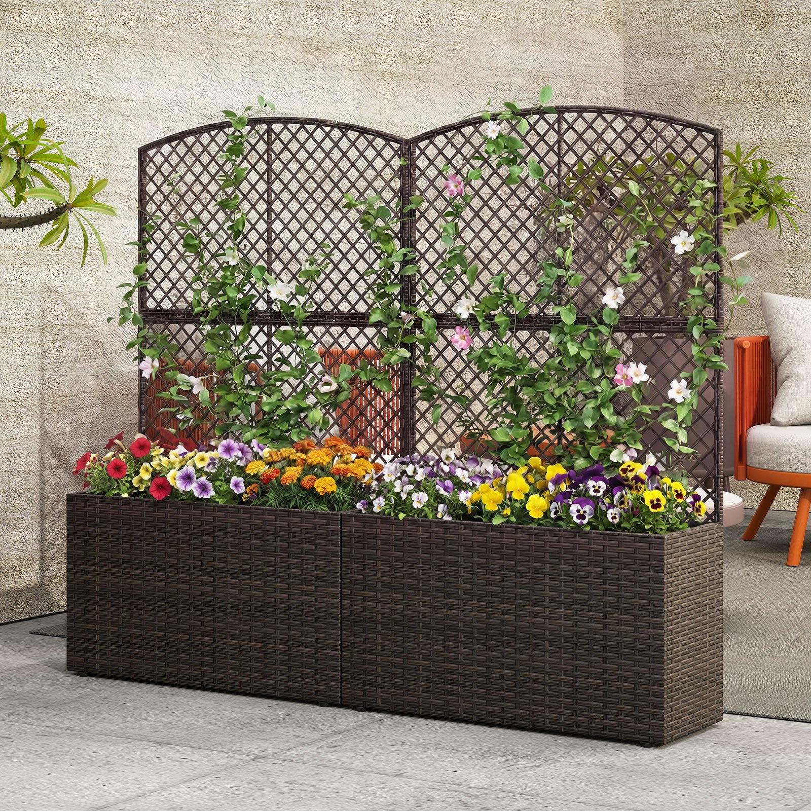   49 elevated raised garden bed with integrated trellis pe rattan wicker planter box with privacy screen liner drainage system   kit for climbing vines vegetables flowers on patio balcony