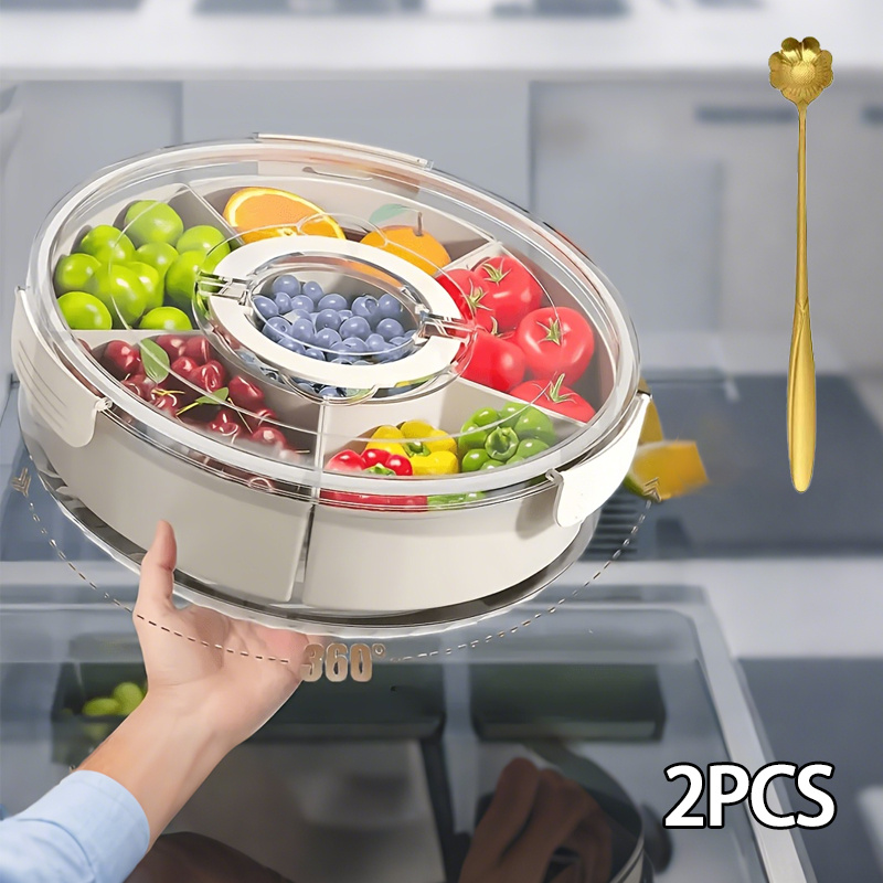 TEMU Plateau à collation portable 2 pièces 31 cm × 11 cm et cuillère dorée - Durable et transparent, à 6 compartiments, avec base rotative à 360°,