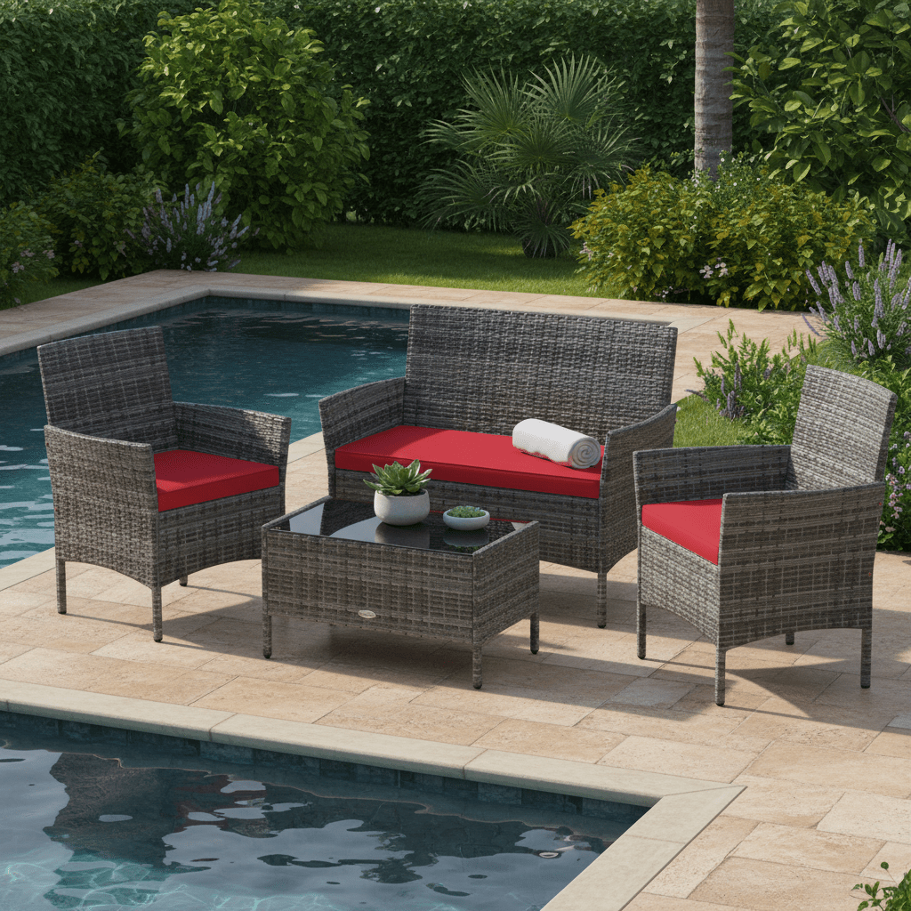TEMU Ensemble de conversation d'extérieur 4 pièces, ensemble de mobilier de patio en osier PE avec table basse en verre trempé, coussins rembourrés