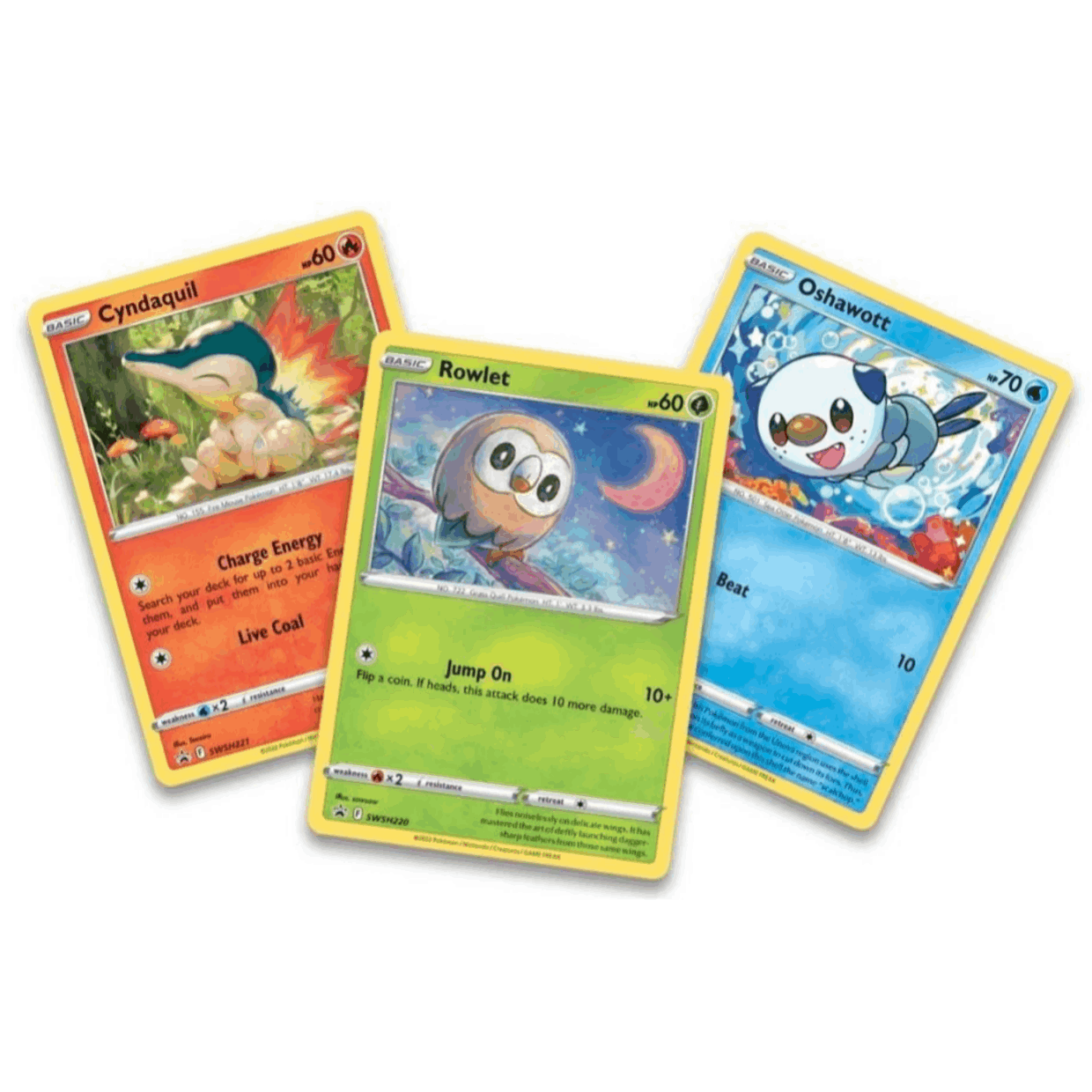 3 Pokémon Sword & Shield Holo Promo Cards - Rowlet, Cyndaquil, Oshawott