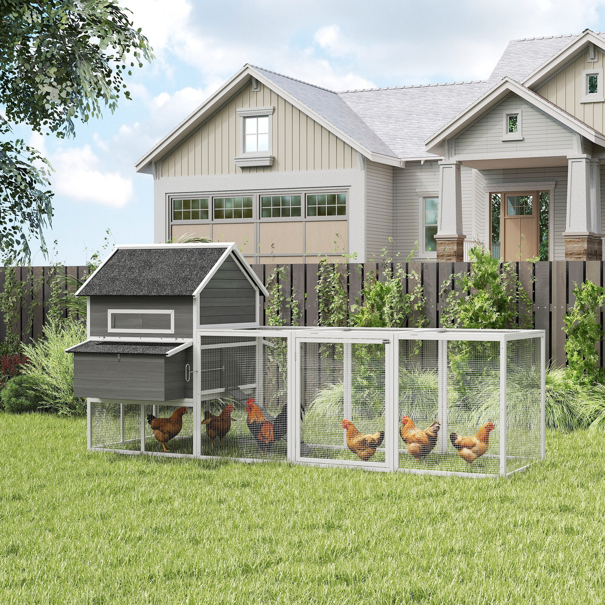 TEMU PawHut Poulailler 137"L pour 4 à 6 Poules, Grand Poulailler en Bois avec Parc à Poules, Niche à Ponte, Cage à Volaille pour Extérieur, Jardin,