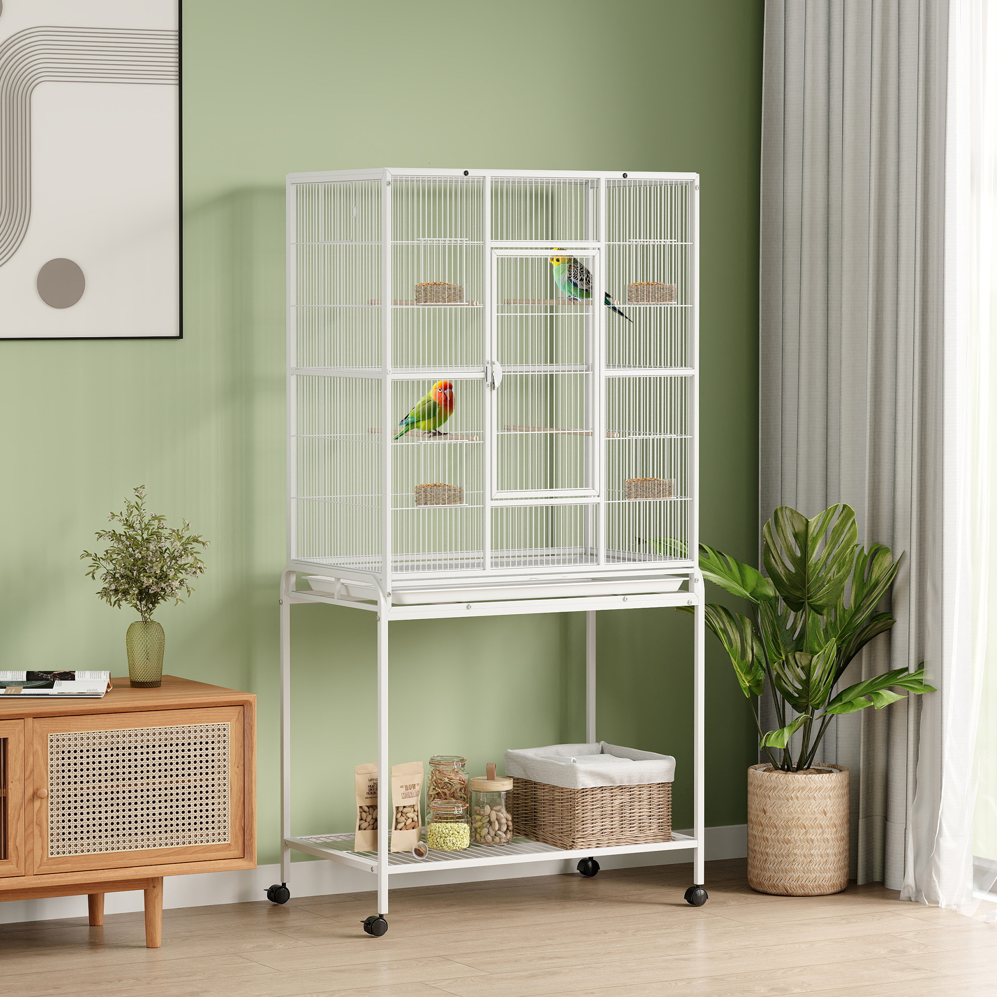 TEMU Cage à oiseaux de grande taille de 64 pouces, cage à perroquets en métal roulant, maison à oiseaux avec support roulant amovible, étagère de