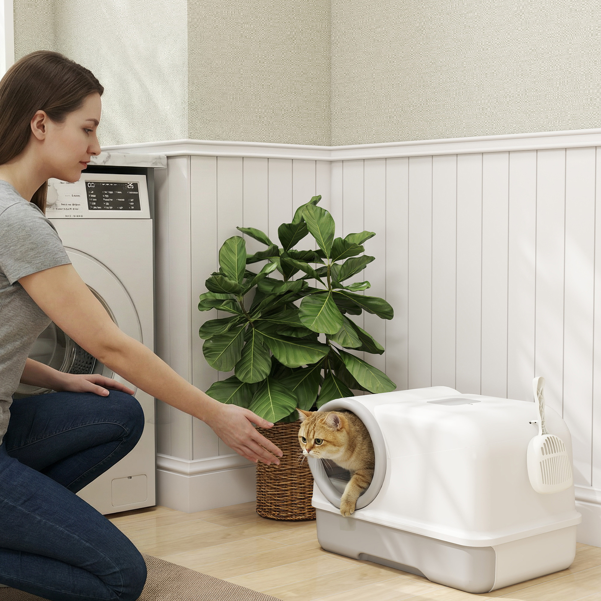 TEMU Bac à litière pour chat avec couvercle, plateau à litière pour chat à capuche avec pelle, bac à chat, toilette, facile à nettoyer avec plateau