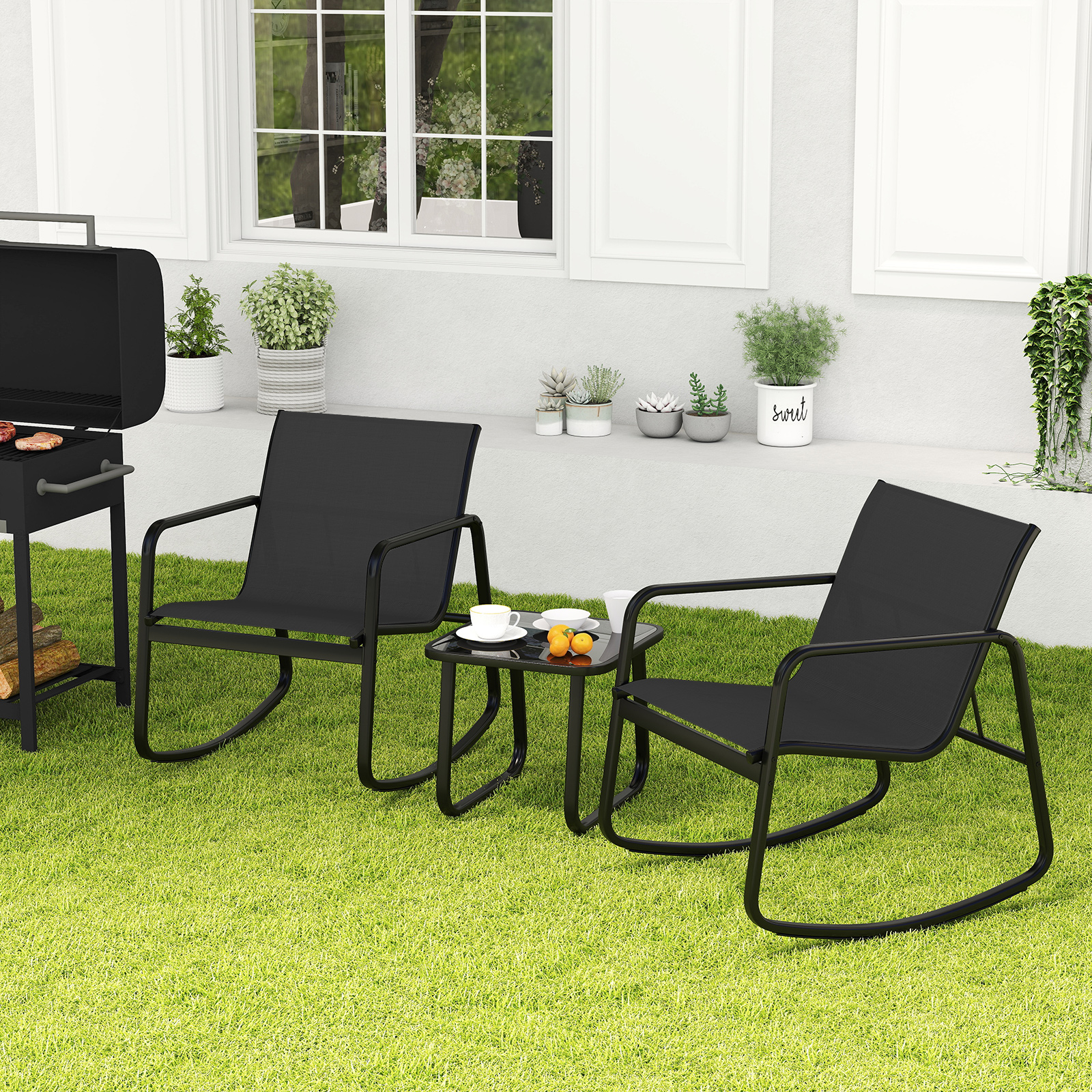 TEMU Costway 3pcs Patio Rocking Set, 2 Rocking Bistro Chairs & Glass-, Small Patio Furniture Set With Smooth Rocking Motion, Outdoor Rocker Chair