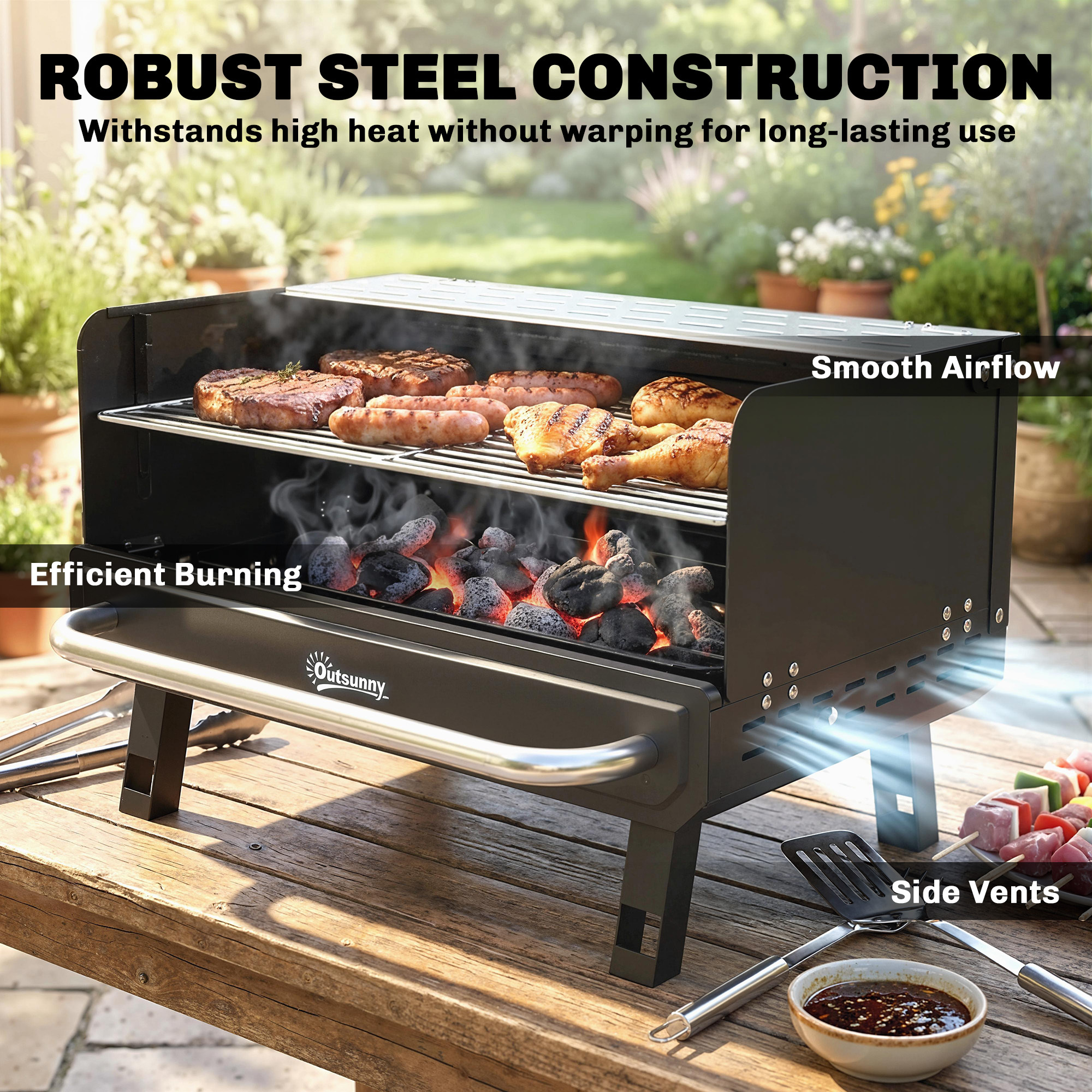 charcoal bbq grill portable barbecue grill with adjustable grates foldable legs and side shelf for camping hiking picnic travel garden outdoor cooking black