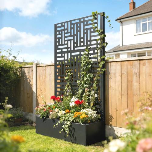 galvanised raised garden bed with trellis 71 tall metal planter box with privacy screen and drainage holes geometric cut out privacy planter for climbing plants