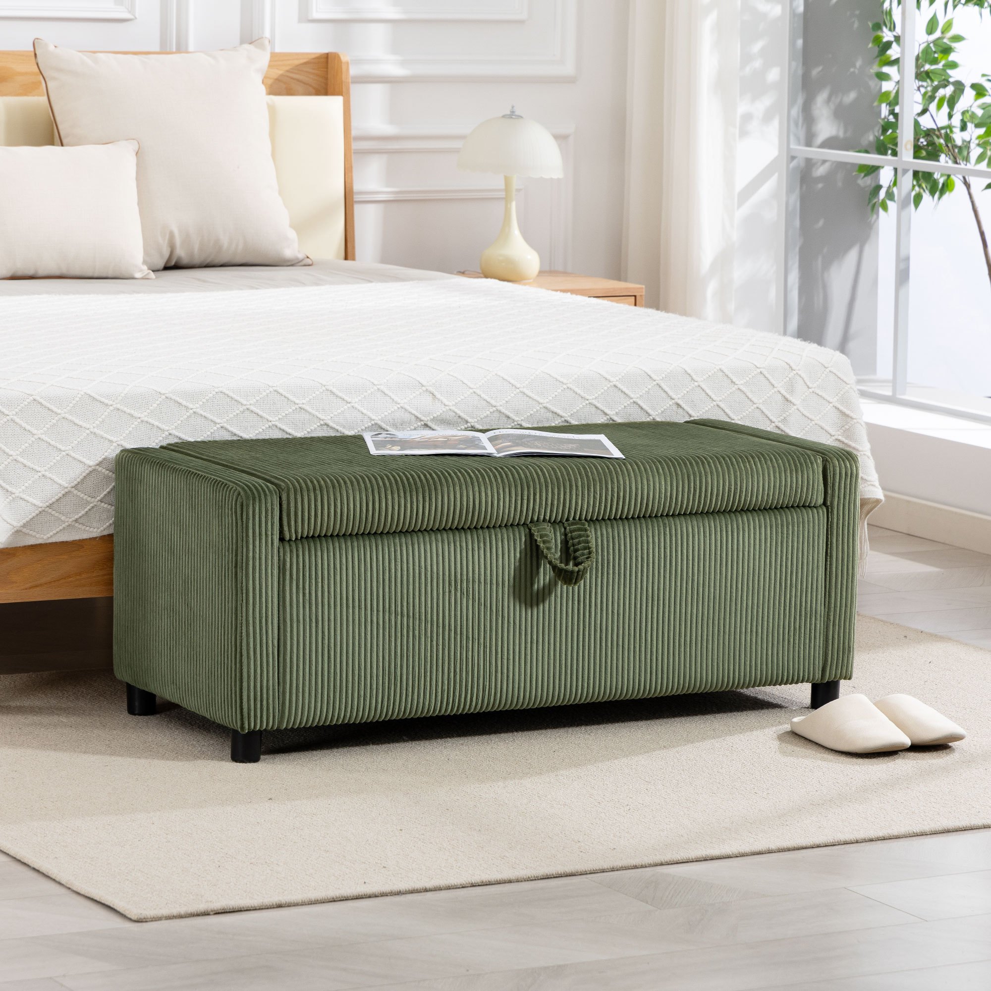 TEMU Coussin de rangement, banc d'appoint rembourré en velours côtelé avec rembourrage épais, banc de rangement pour chambre à coucher, salon,
