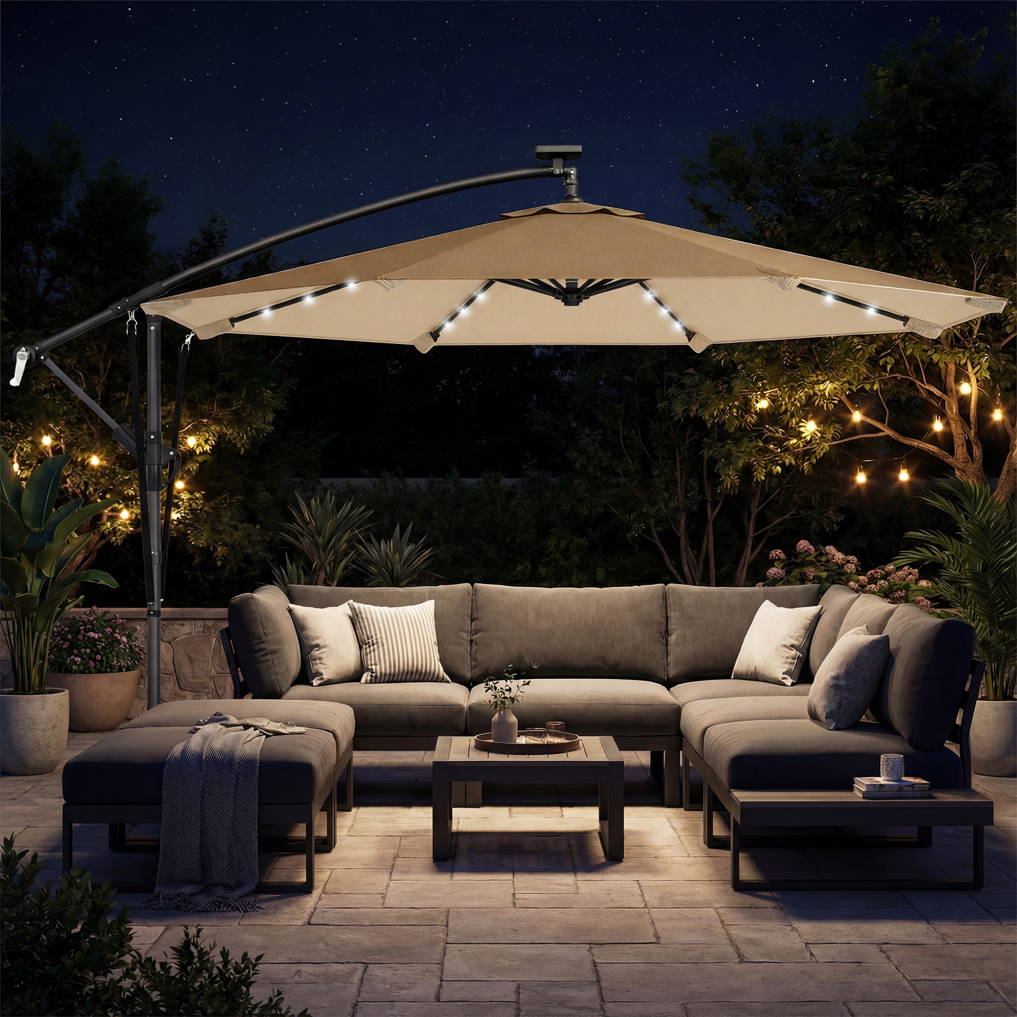   9 7ft solar led cantilever patio umbrella offset patio umbrella outdoor with 32 led lights cross base crank handle for poolside deck garden backyard khaki