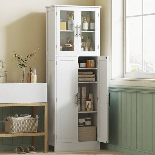 item picture tall bathroom cabinet with glass doors space saving unit with adjustable shelves and freestanding storage cabinet for dining room living room white