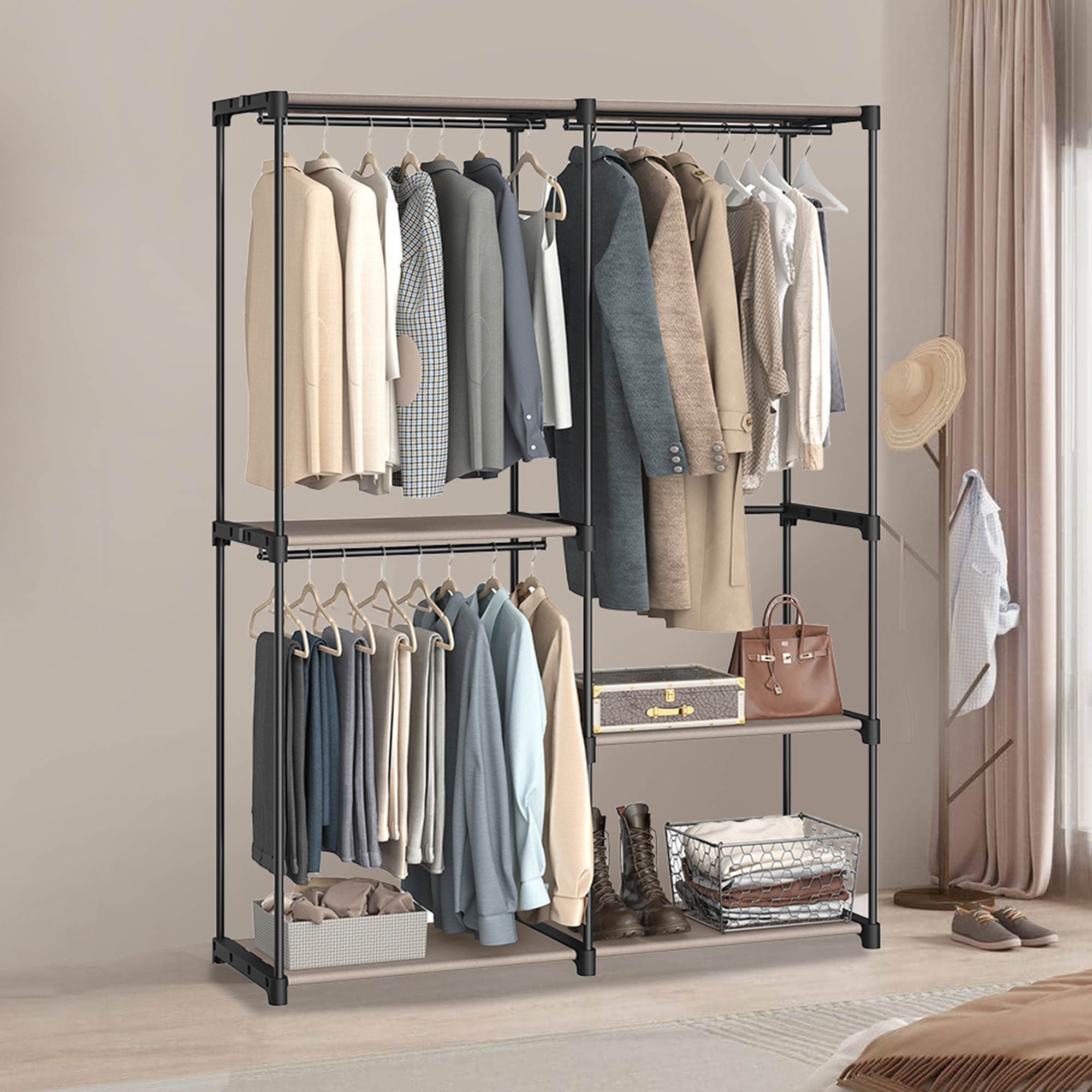 TEMU Portable Closet, Freestanding Closet Organiser, Clothes Rack With Shelves, Hanging Rods, Storage Organiser, For , Bedroom, 138 X 182 Cm, Taupe
