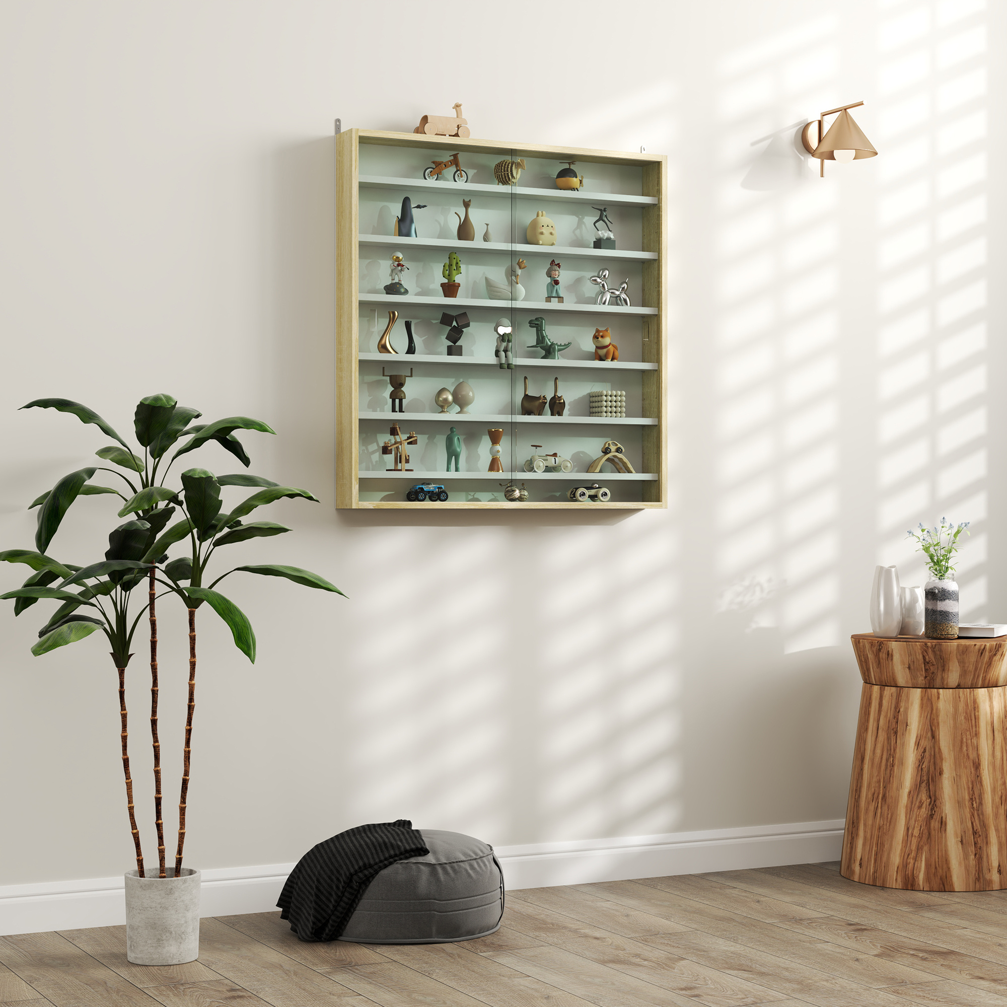 TEMU Vitrine d' murale à 7 niveaux, présentoir à verres à shot, vitrine de en verre avec 2 portes en verre et 6 étagères réglables, et blanc
