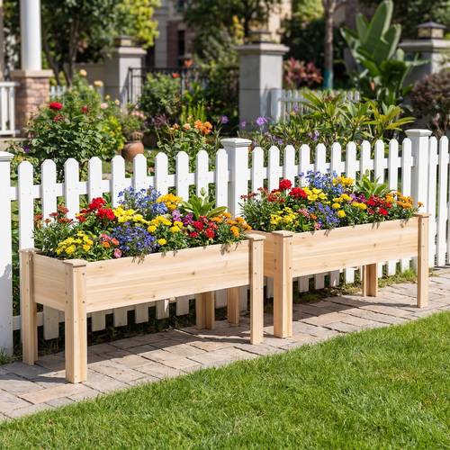 wooden raised garden bed with legs 175 lbs heavy duty elevated planter box with drainage holes natural fir outdoor garden box for vegetable flower herb easy assembly patio balcony backyard