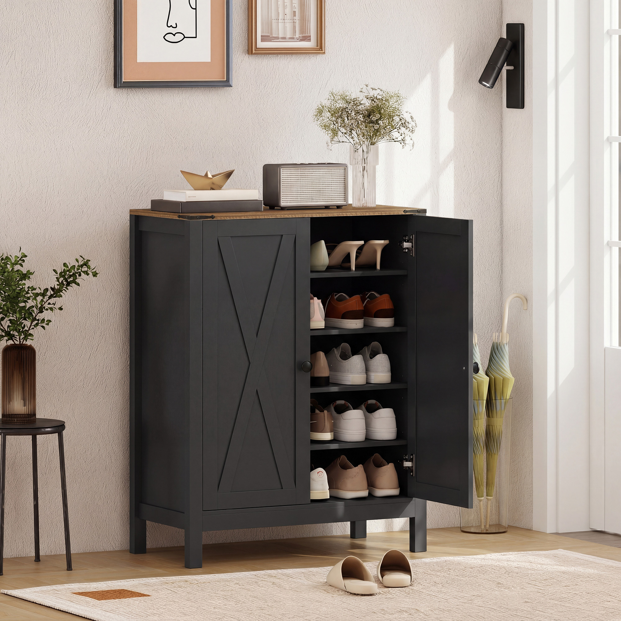 TEMU Meuble à Chaussures avec Portes de , de Rangement de Chaussures de Ferme avec Étagères Réglables, Peut Contenir Jusqu'à 15 Paires pour , , Noir
