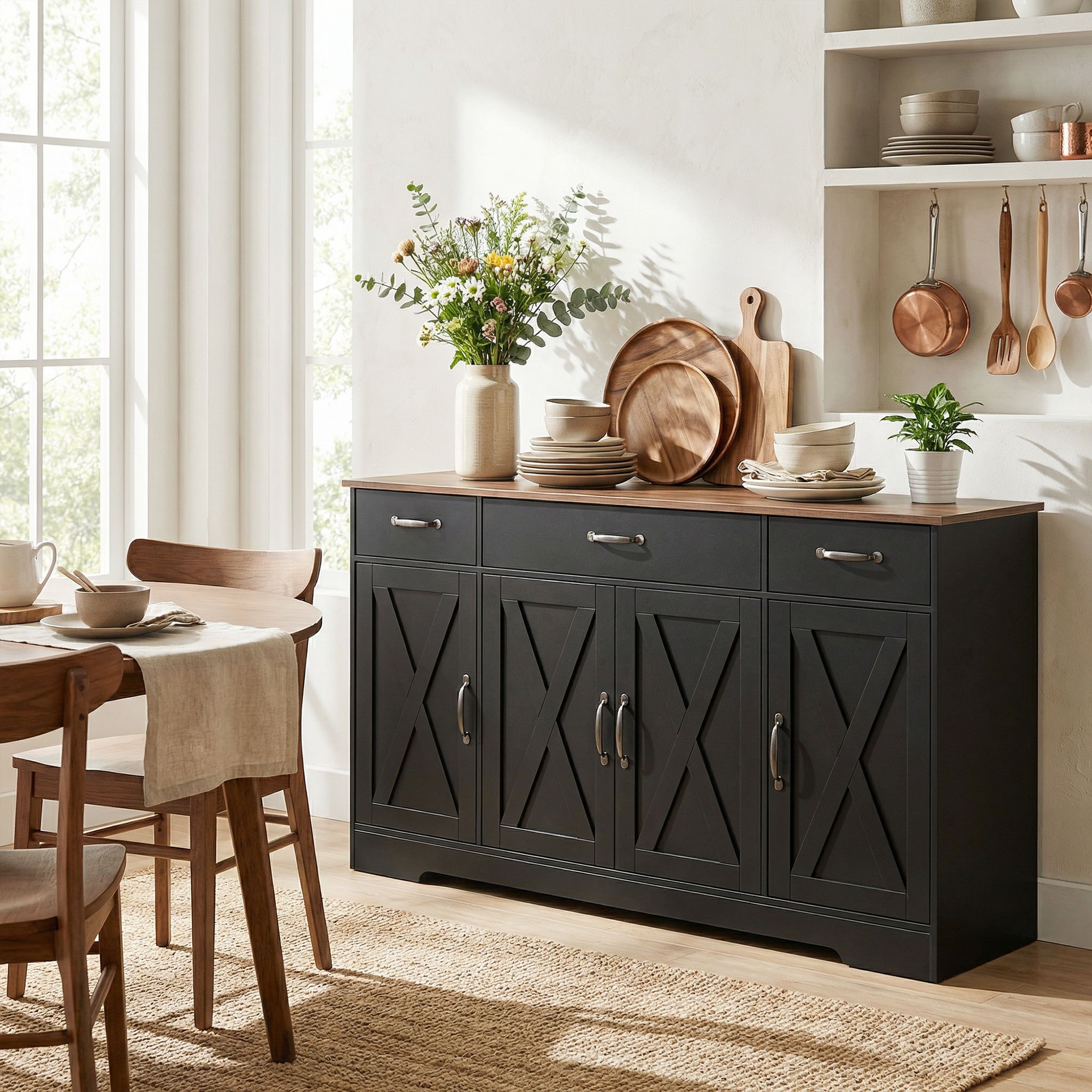 TEMU Sideboard Buffet Cabinet, 55" Farmhouse Kitchen Storage Cabinet With 4 Barn Doors, 3 Drawers, 3 Adjustable Shelves, Coffee Bar Station, Tv Stand