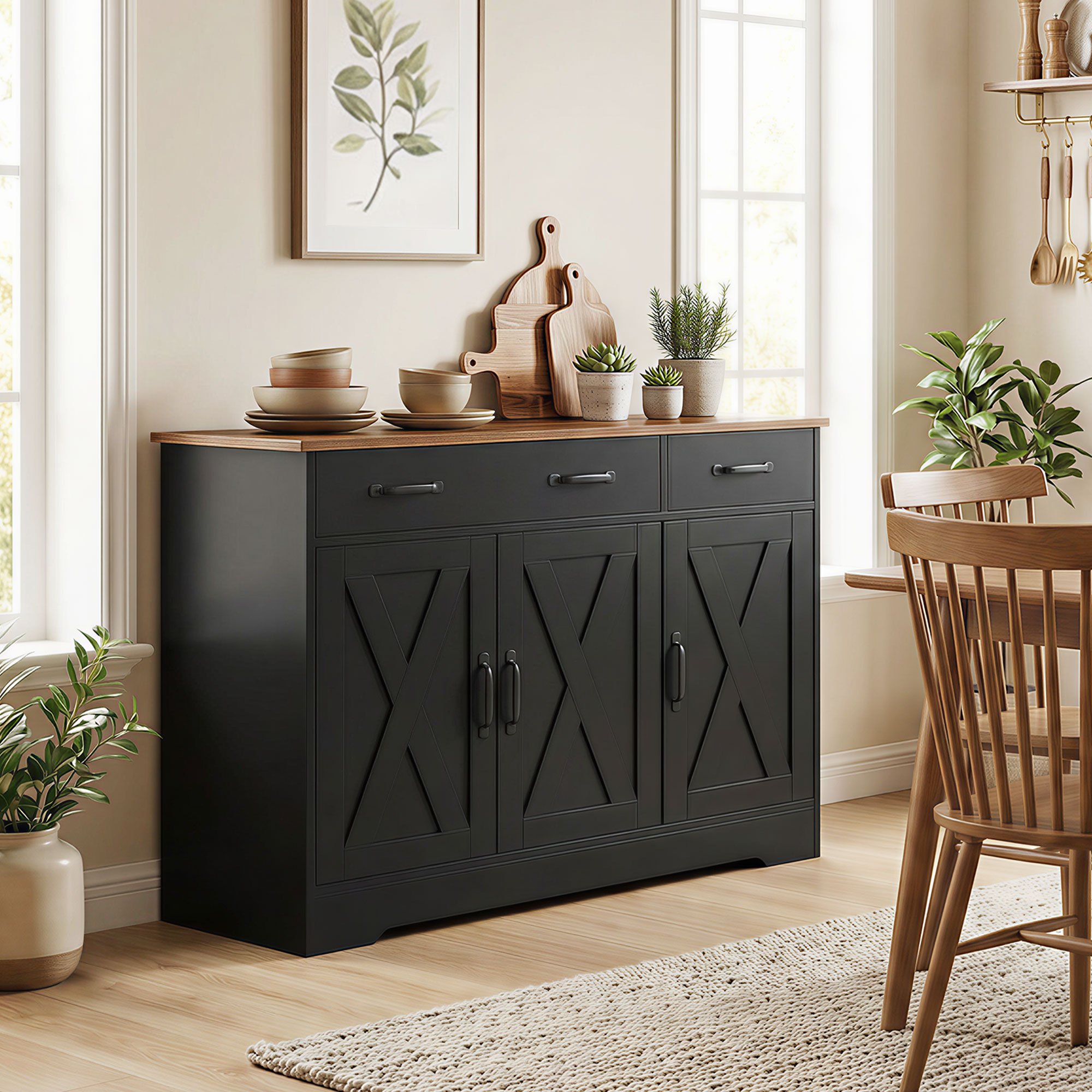 TEMU Buffet -desserte , 43" de rangement de cuisine de style ferme avec 3 portes de , 2 tiroirs, 2 étagères réglables, Poste de bar à café, Meuble TV