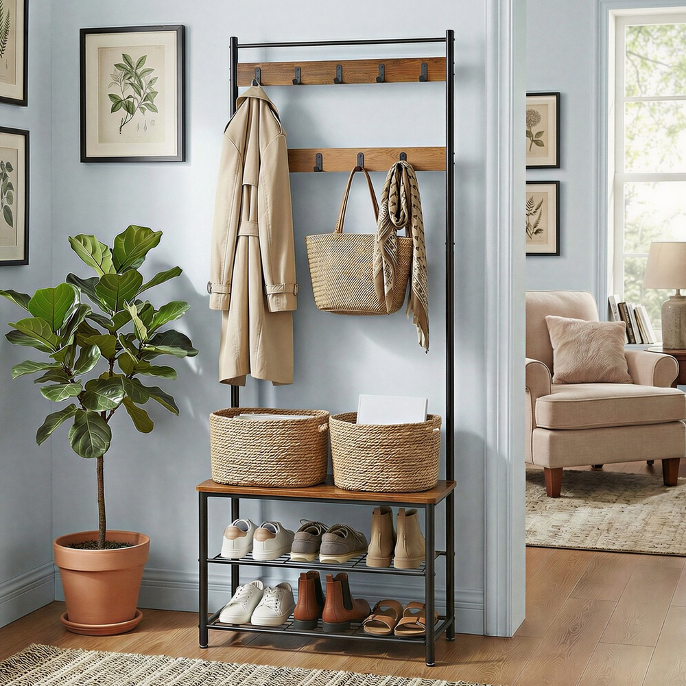 TEMU Porte-manteau d'entrée avec banc à chaussures, étagère à chaussures avec porte-parapluies