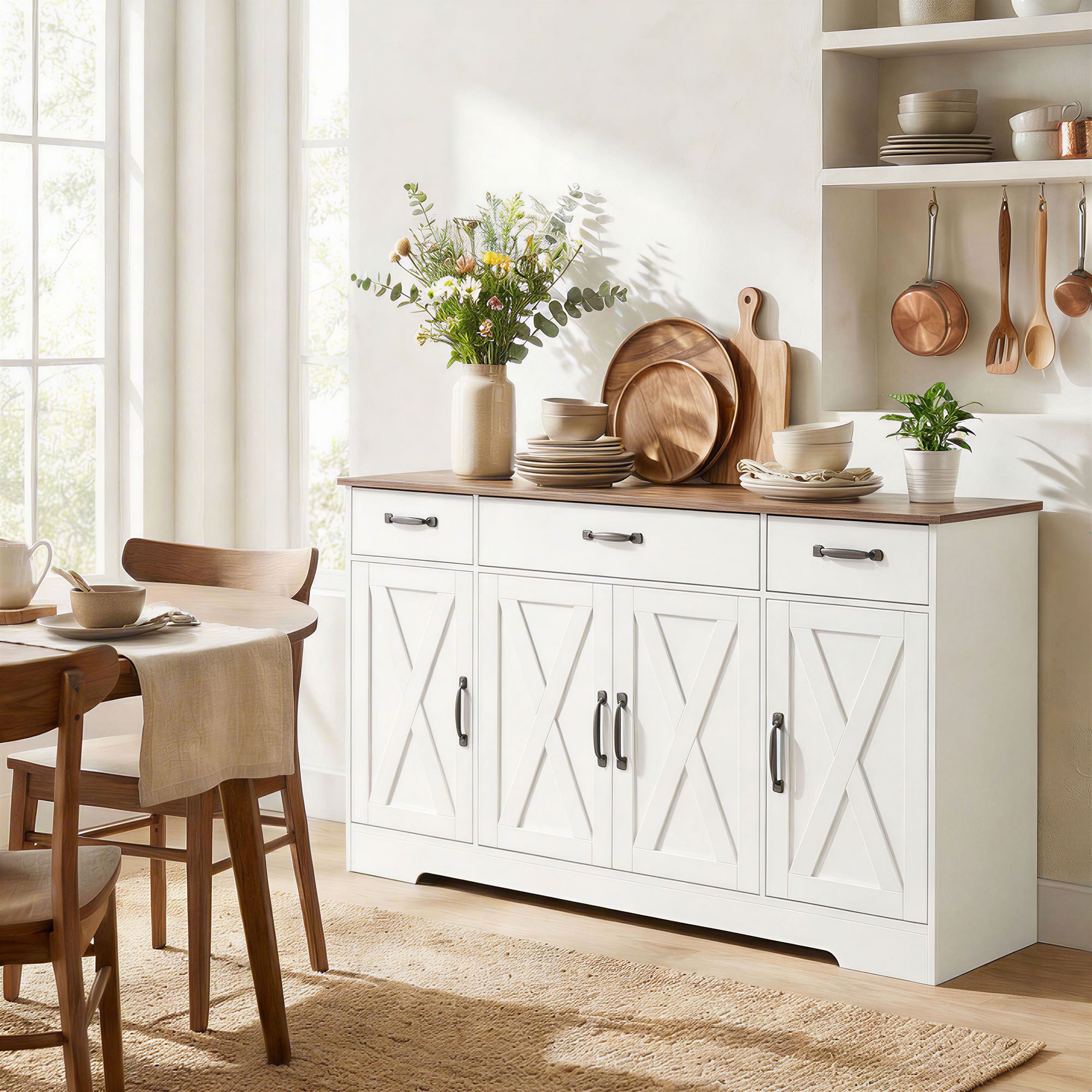 TEMU Sideboard Buffet Cabinet, 55" Farmhouse Kitchen Storage Cabinet With 4 Barn Doors, 3 Drawers, 3 Adjustable Shelves, Coffee Bar Station, Tv Stand