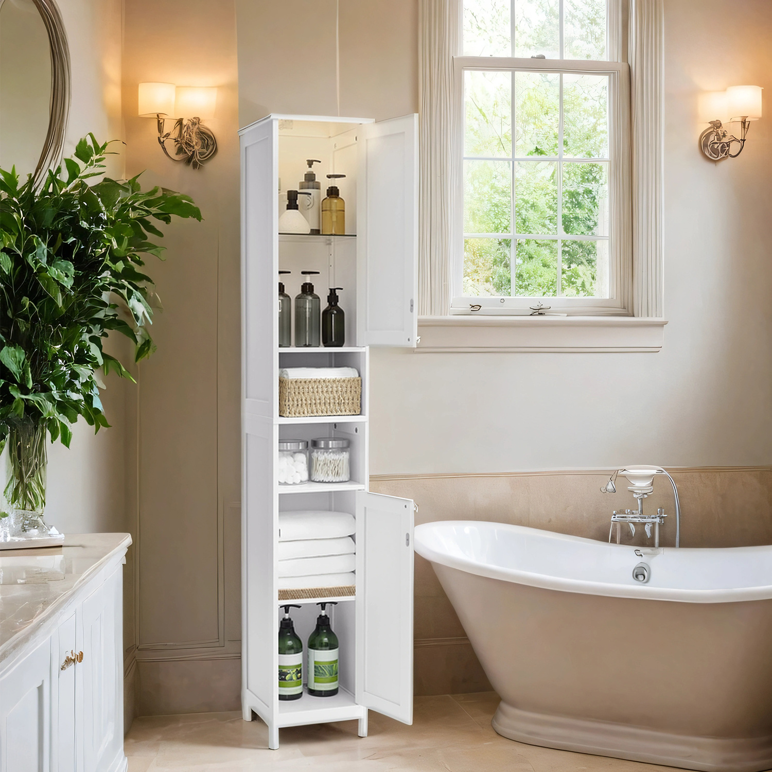 TEMU de Salle de Bain Haute avec Éclairage, Meuble de Rangement Mince avec Étagères Réglables, pour , 30 cm de Large, Gris Pigeon