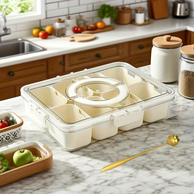TEMU Ensemble de 2 pièces, Boîte de conservation des aliments à compartiments 12.2IN×9.25IN×2.5IN et cuillère dorée, Récipient à collations avec