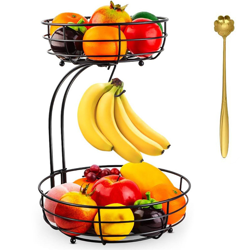 TEMU [2pièces] Cuillère Dorée et Panier de Rangement à 2 Niveaux pour Fruits et Légumes de Comptoir avec Support à Banane, Noir
