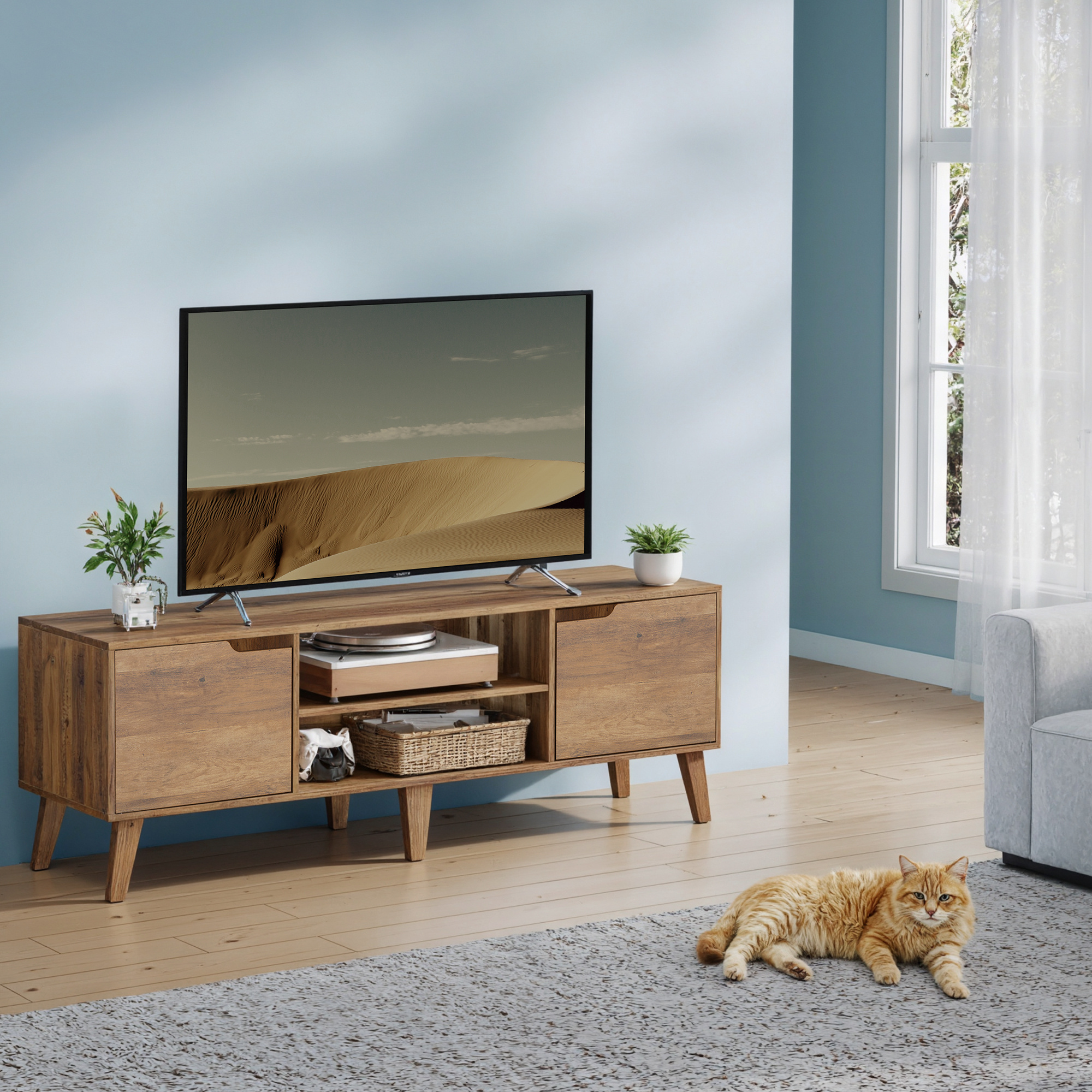 TEMU Meuble TV pour téléviseurs de 65 pouces, meuble de avec étagère réglable, console multimédia de 147 cm de long, style de transition, pour salon,