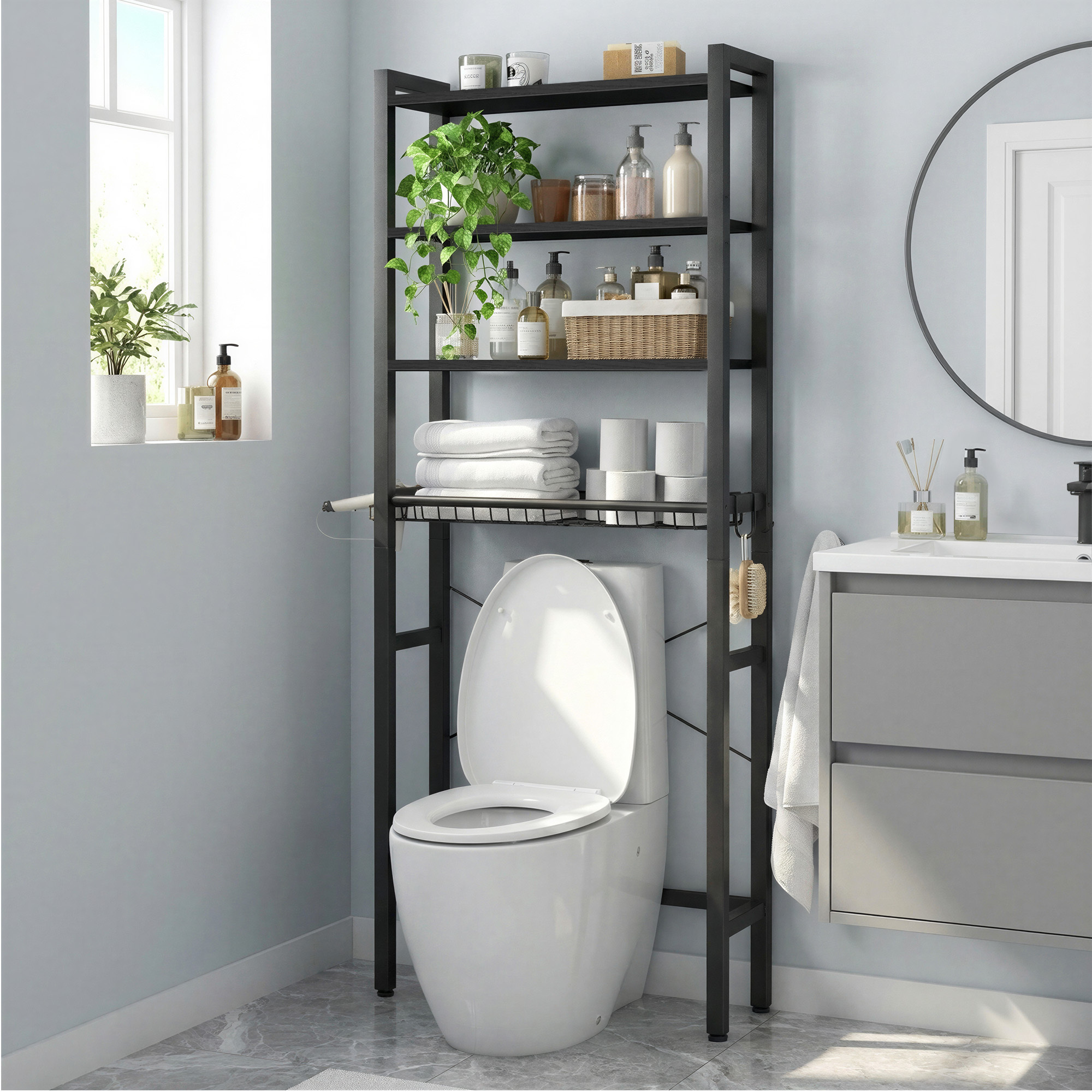 TEMU 173 cm de hauteur, rangement sur le toilette, organisateur de salle de bain sur le toilette avec étagères réglables, 3 crochets, noir