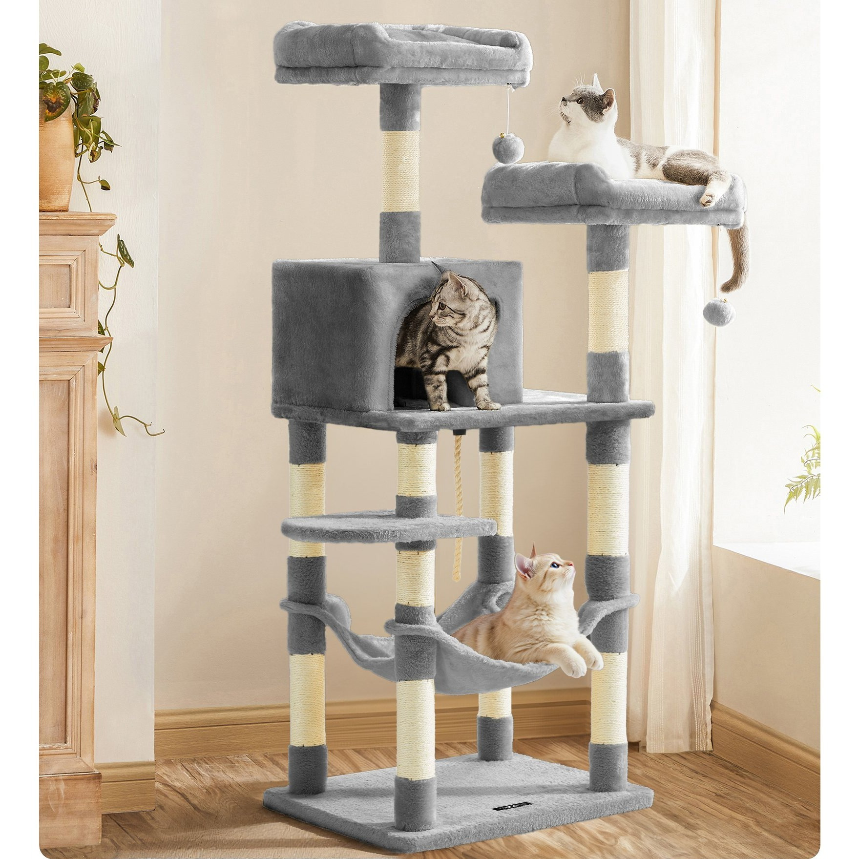 TEMU Cat Tree, Multi-level Cat Condo With 11 Scratching Posts, 2 Perches, Hammock, Light Gray