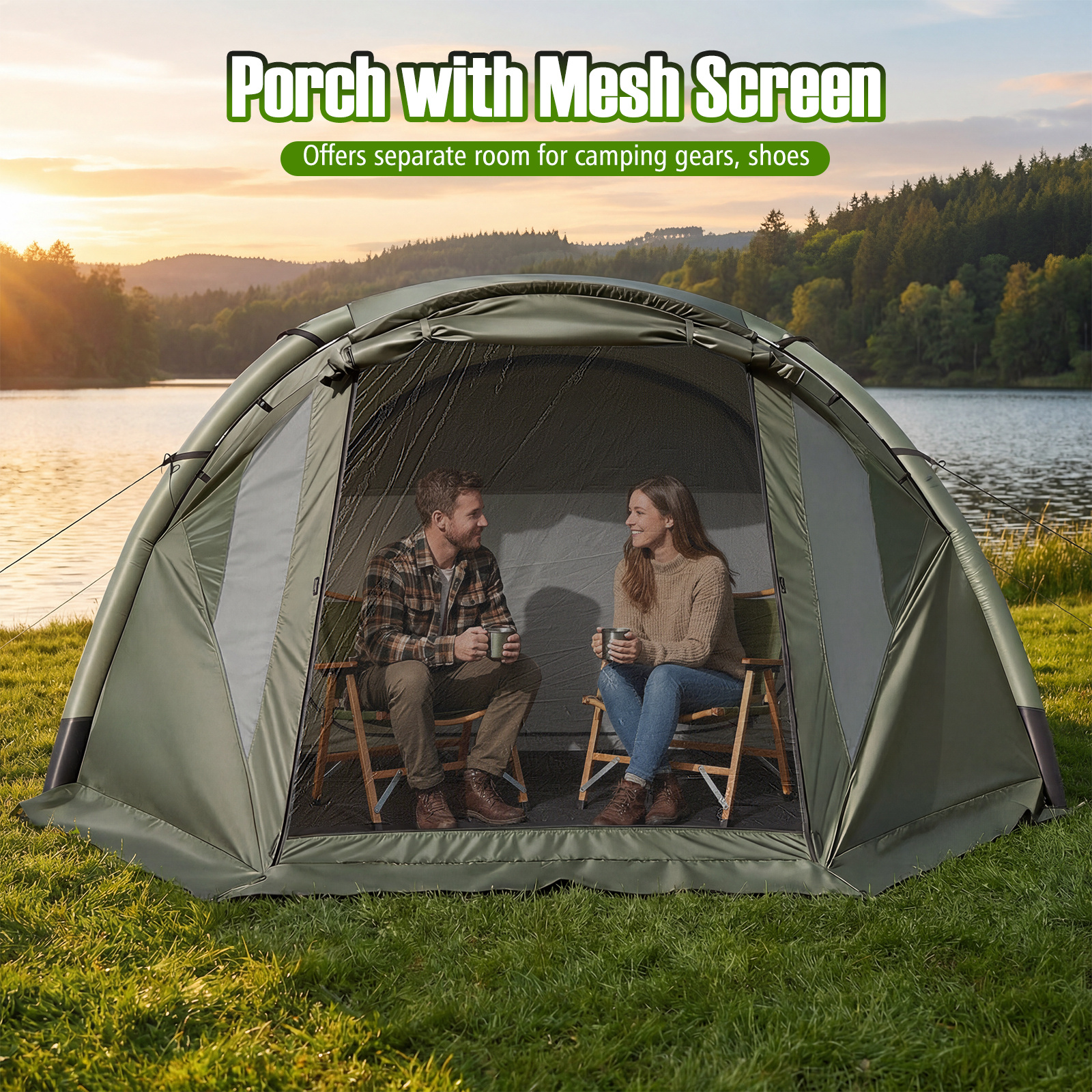 TEMU Tente de camping gonflable COSTWAY, grande tente pour 5 à 7 personnes avec porche écrané, moustiquaire et fenêtres transparentes, porte, pompe à