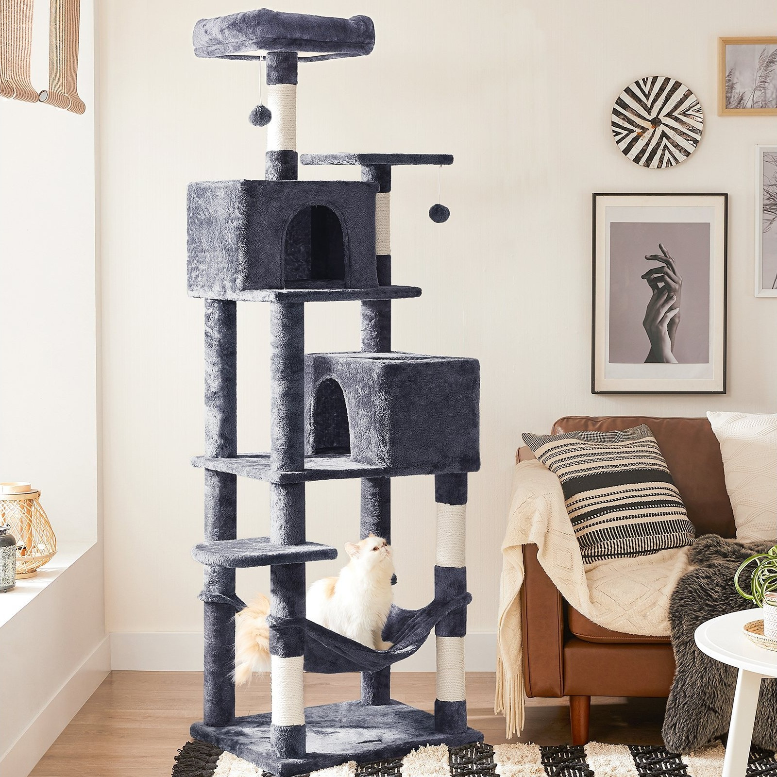 TEMU Cat Tree, 72.4-inch Cat Tower For Indoor Cats, Plush Multi-level Cat Condo With 5 Scratching Posts, 2 Perches, 2 Caves, Hammock, 2 Pompoms