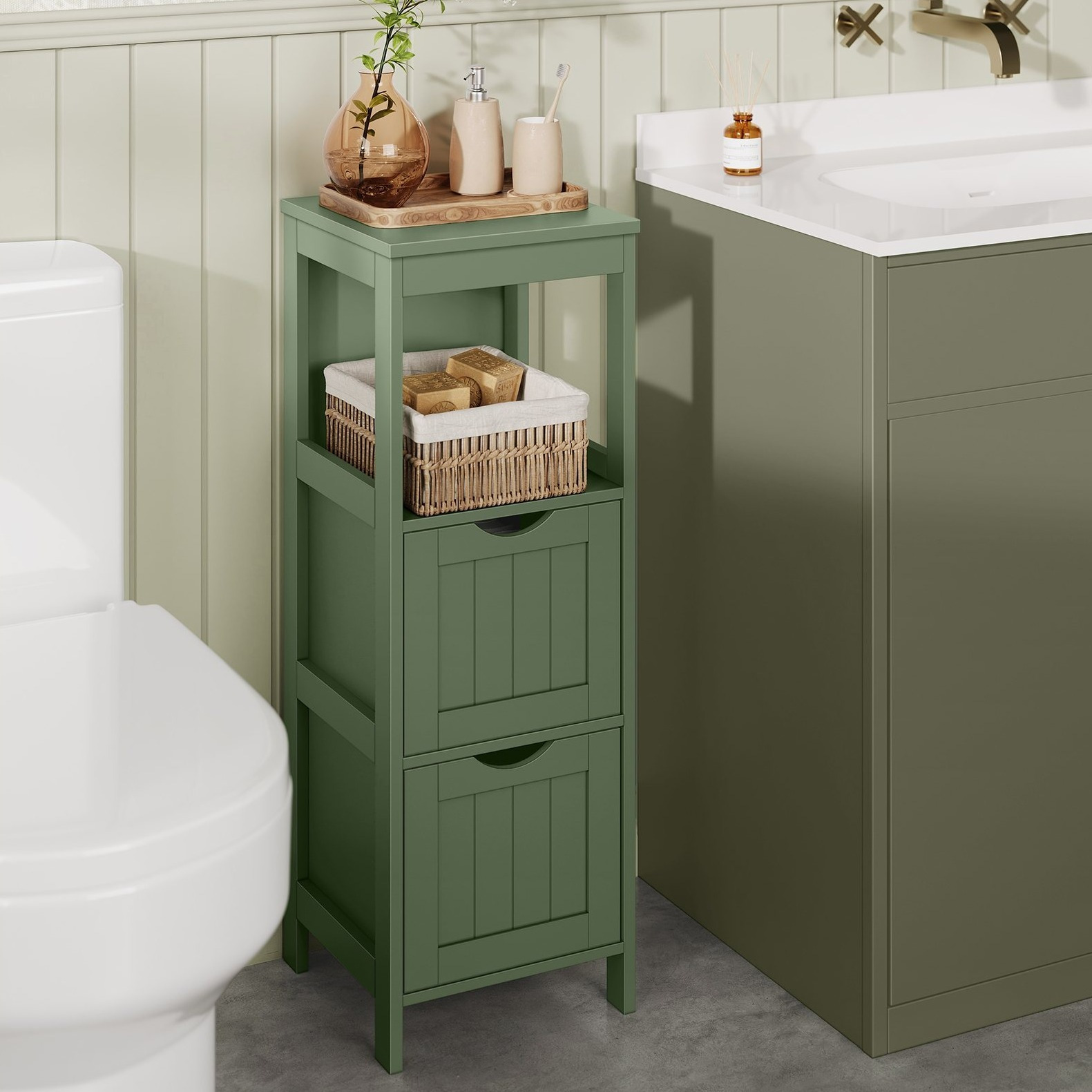 TEMU de sol de salle de bain, support de rangement de salle de bain, unité d'angle multifonctionnelle, 2 tiroirs, 89 cm de hauteur, vert forêt