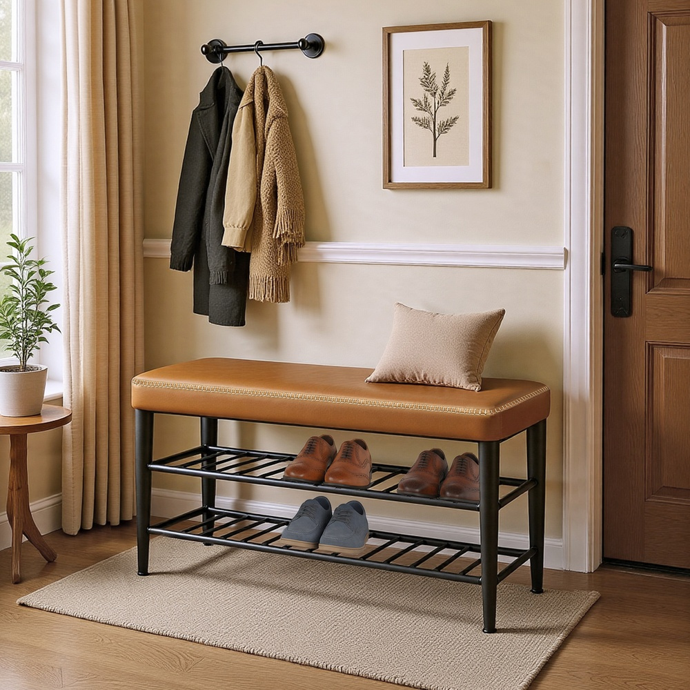 TEMU Collection - Banc Rangement Chaussures, Banc Porte-Chaussures Entrée, Cuir Synthétique avec Coutures, Style Mid-Century Modern, Capacité 135 kg,