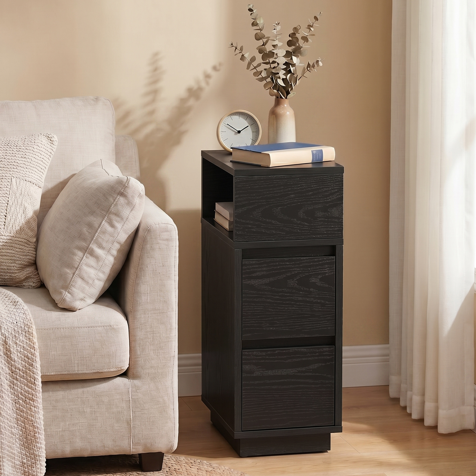TEMU Ensemble de 2 tables d'appoint étroites, table d'extrémité fine avec 2 tiroirs, 1 compartiment ouvert, pour salon, chambre à coucher, noir