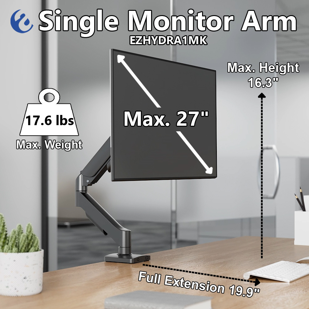 TEMU Single Monitor Arm With Spring Mechanism For 17"-27" Monitors 8kg Max Weight - Clamp And Grommet Base Installation Included - Mounts Ezhydra1mk