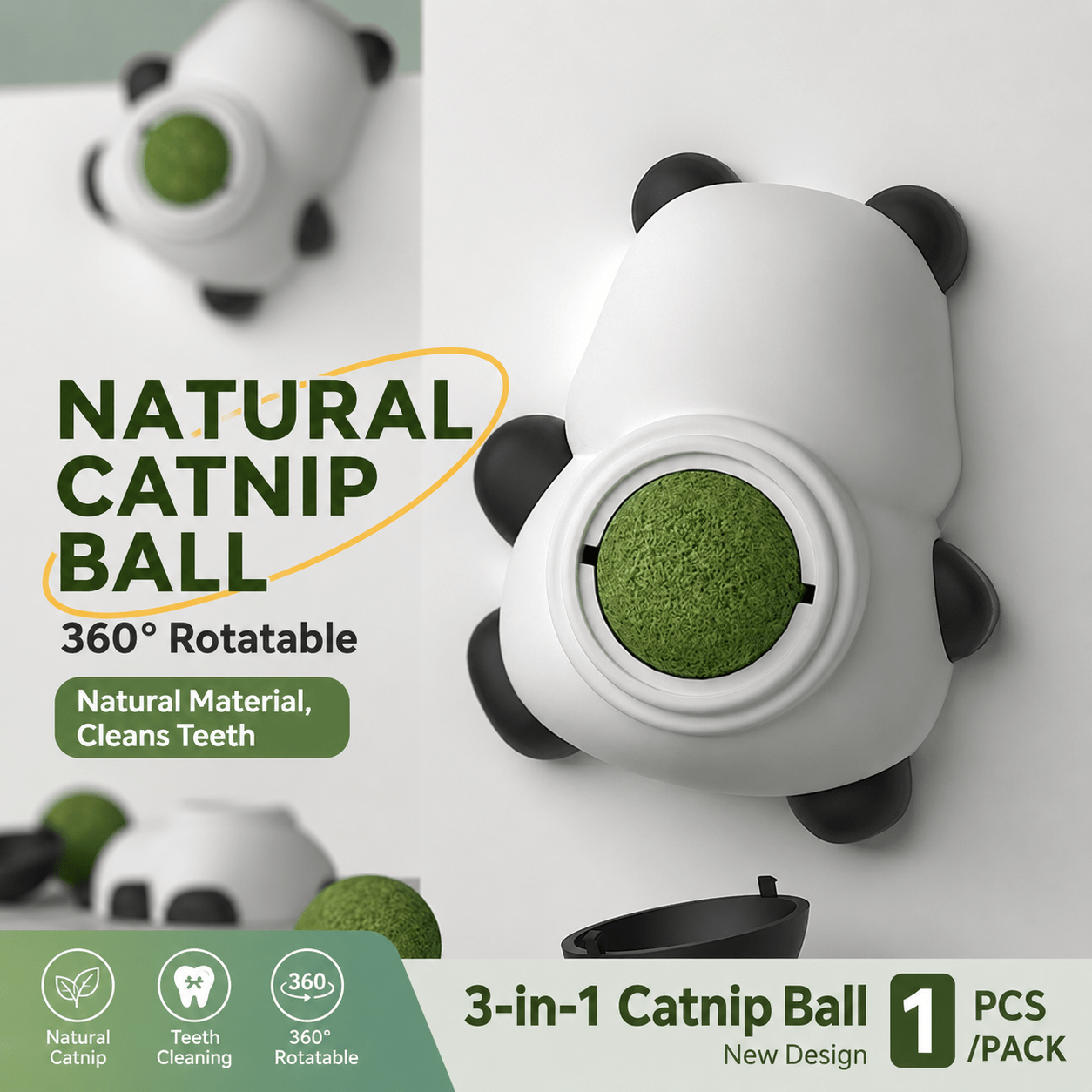 TEMU 1pc Panda-shaped Catnip Ball Toy, 360° Rotatable Cat Licking And Toy With Wall-mount Holder, Indoor Interactive Cat Toy For