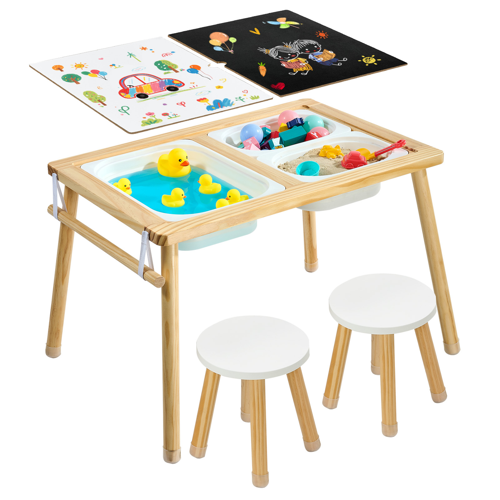 TEMU Vevor Sensory Table For Toddlers, Wooden Kids Activity Table With 2 Stools, Double-sided Board, Storage Bins, And Non-slip Feet, For Boys And