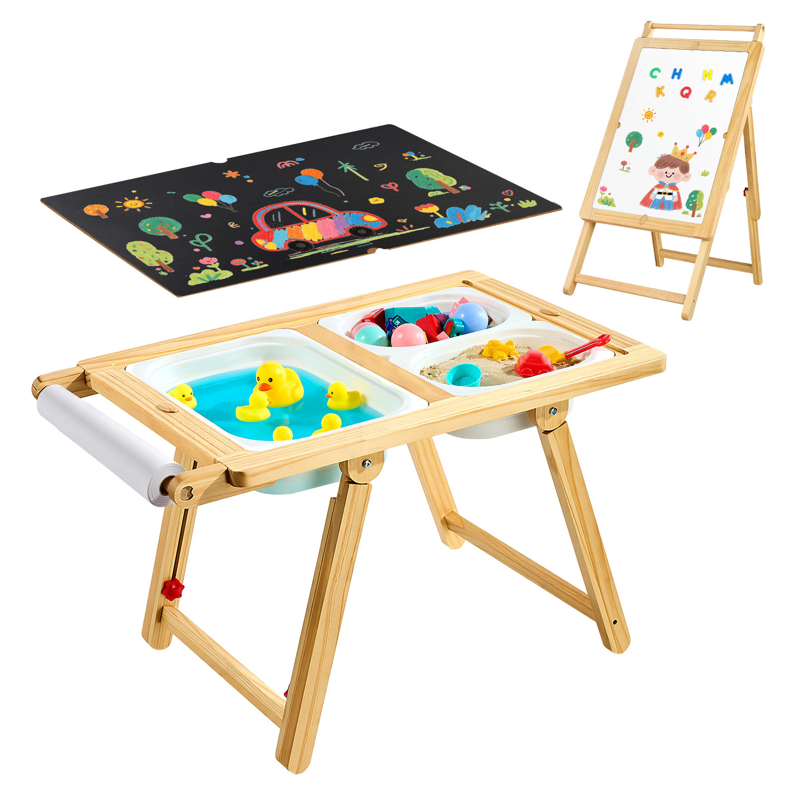 TEMU Vevor Sensory Table For Toddlers, Wooden Kids Activity Table And Art Easel With Reversible Double-sided Board, Storage Bins, For Boys And Girls
