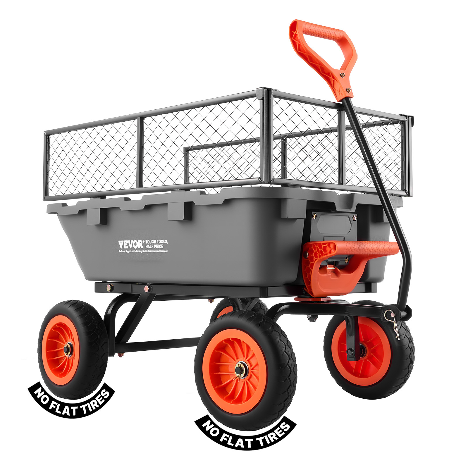TEMU Chariot à benne de jardin VEVOR, chariot à benne en poly 800 lbs, chariot de jardin à benne avec barrière de rangement, mécanisme de basculement
