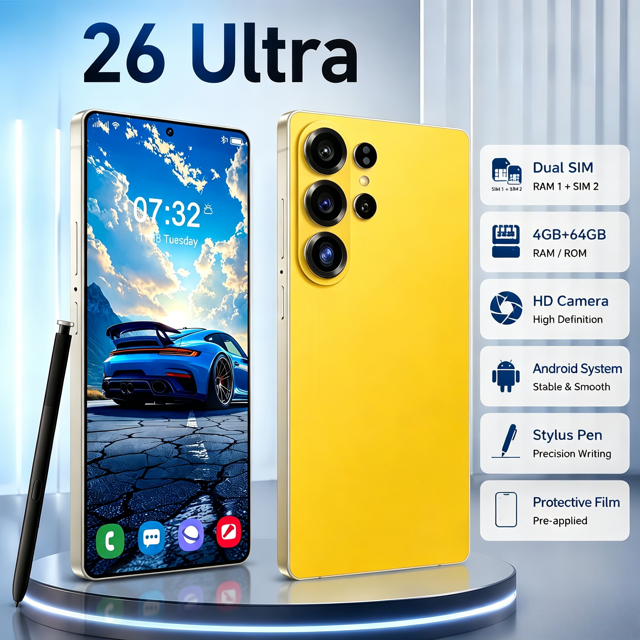 TEMU Smartphone 5G débloqué 26 Ultra, écran ultra HD à vue complète de 6,8 pouces, 4 Go de RAM + 64 Go de stockage, double SIM double , batterie de