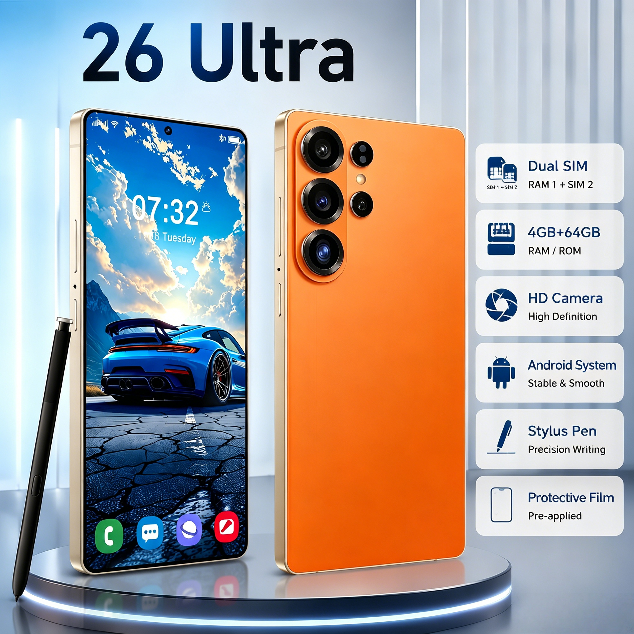 TEMU Smartphone 5G débloqué 26 Ultra, écran ultra HD à vue complète de 6,8 pouces, 4 Go de RAM + 64 Go de stockage, double SIM double , batterie de